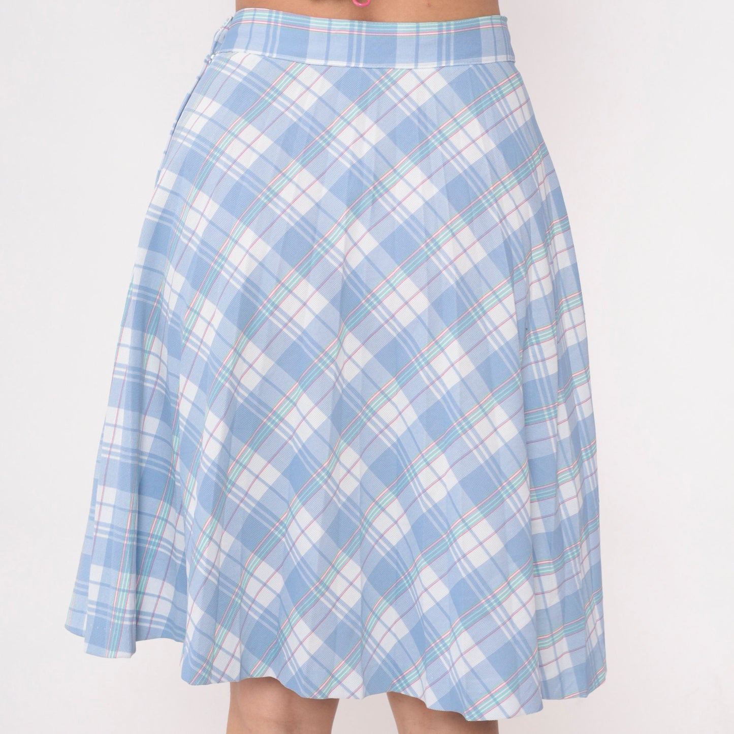 80s Sky Blue White Plaid Midi Skirt High Waist Pleated Small