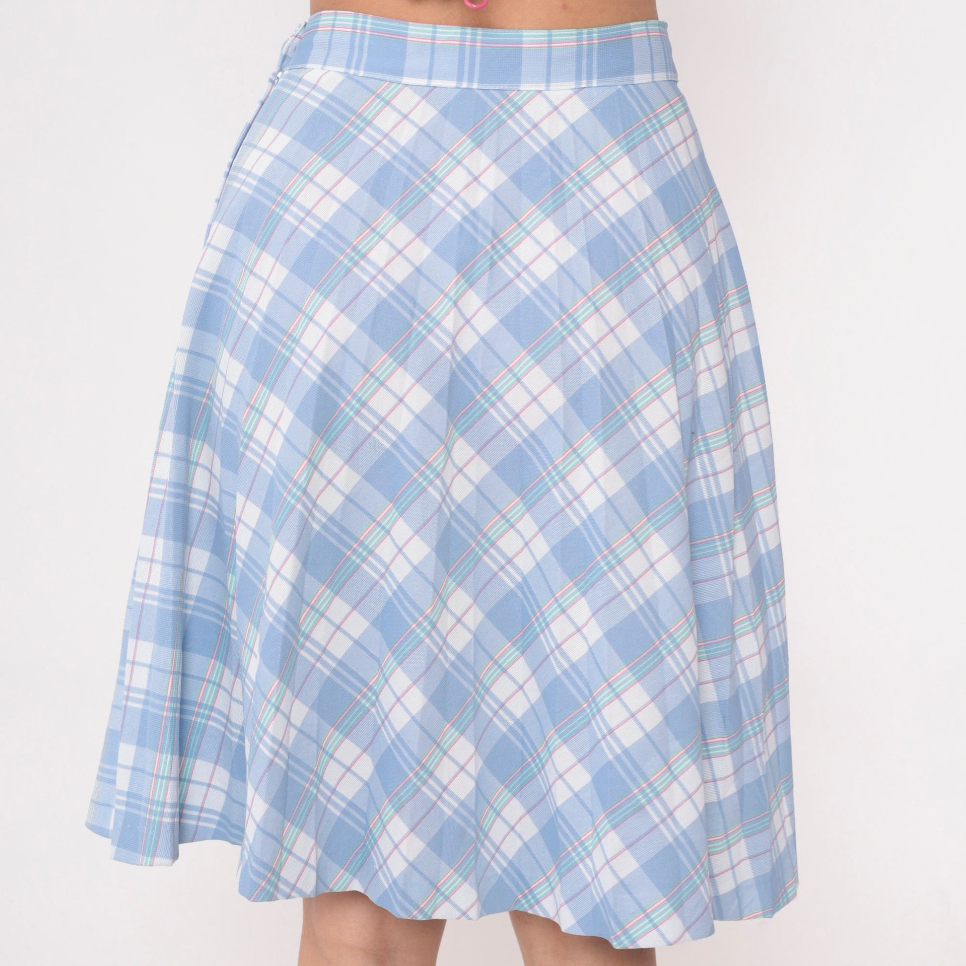 80s Sky Blue White Plaid Midi Skirt High Waist Pleated Small