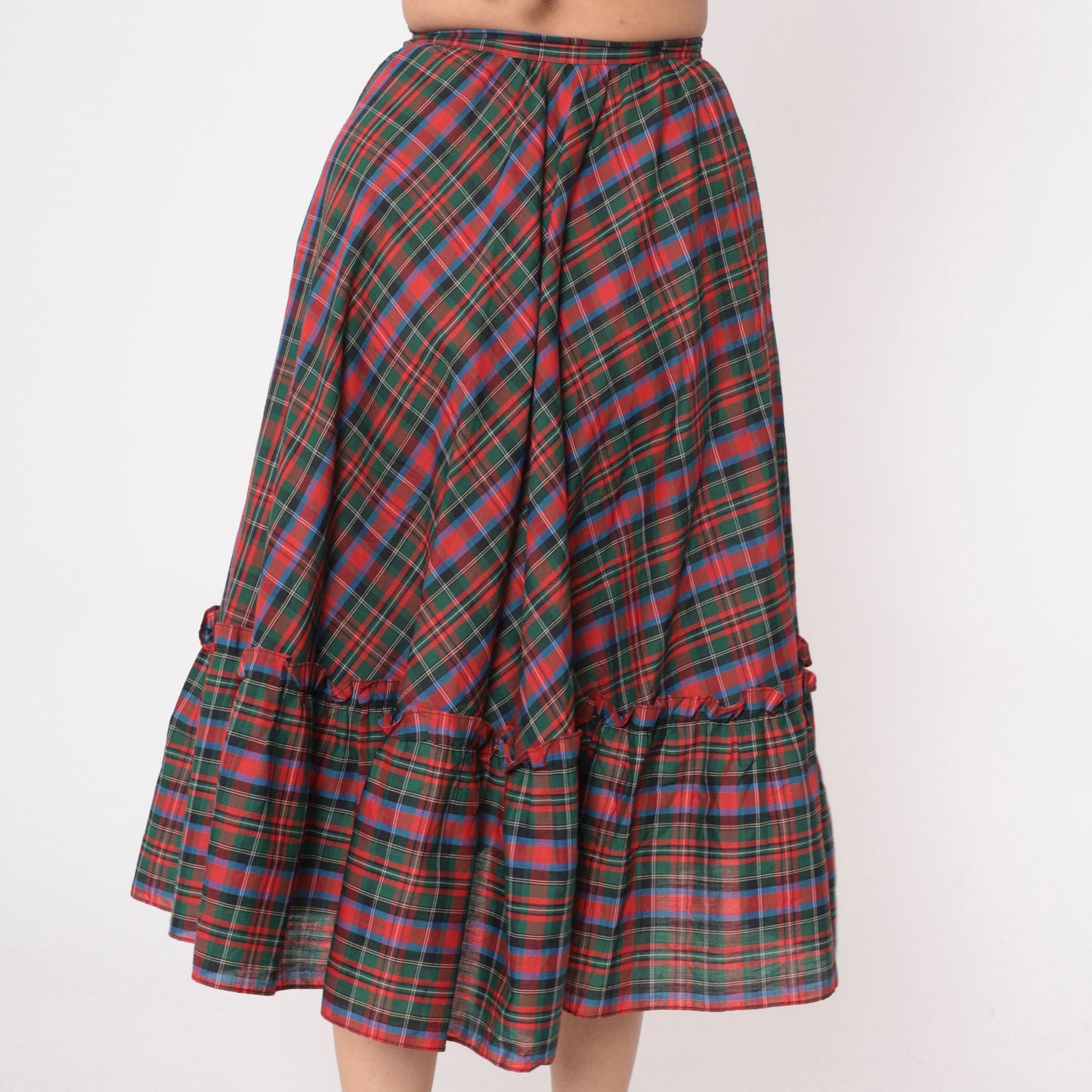 80s Plaid Midi Skirt Red Green Tartan High Waist Flounce Pocket Extra Small