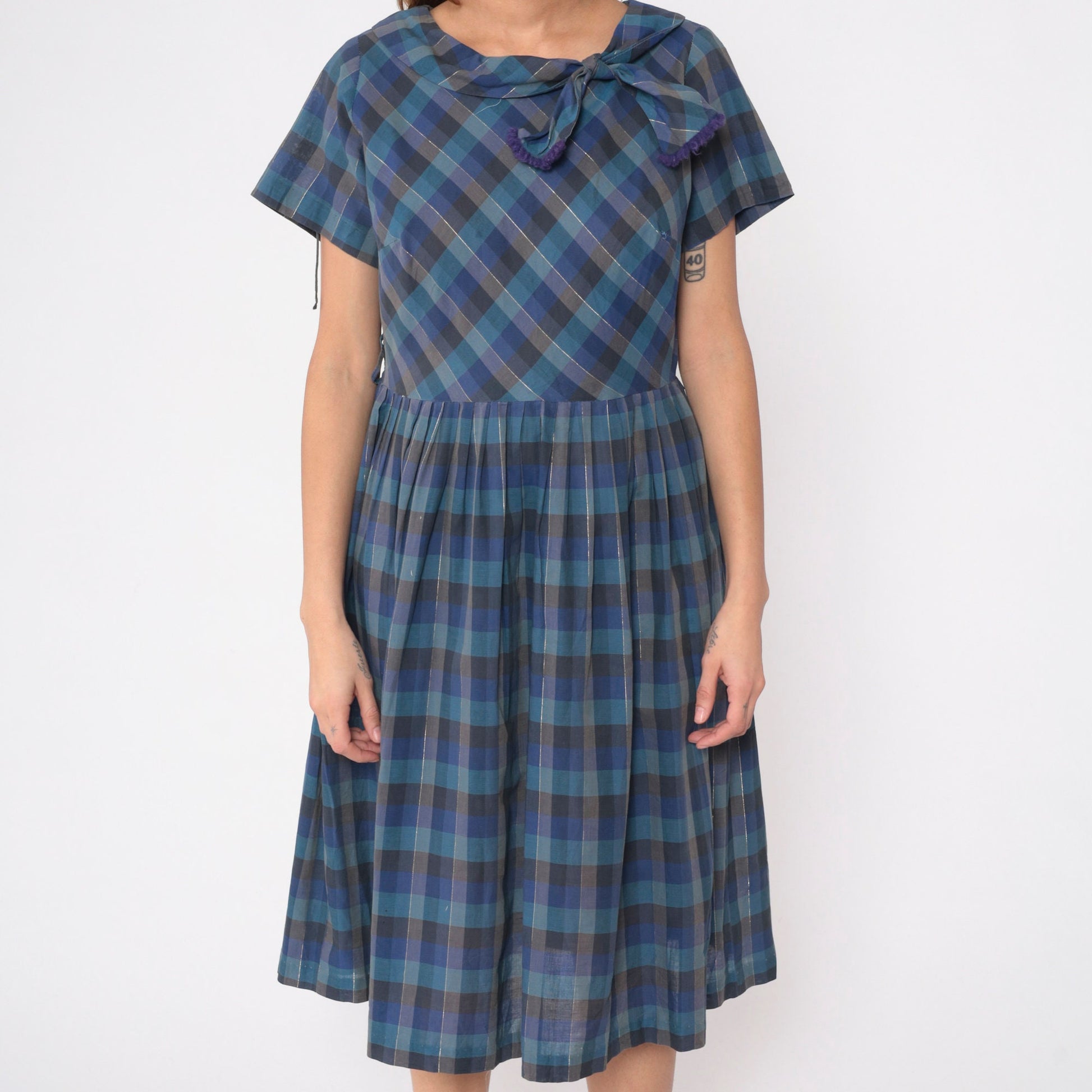 1950s Blue Checkered Metallic Bow Collar Day Dress Midi Short Sleeve Medium