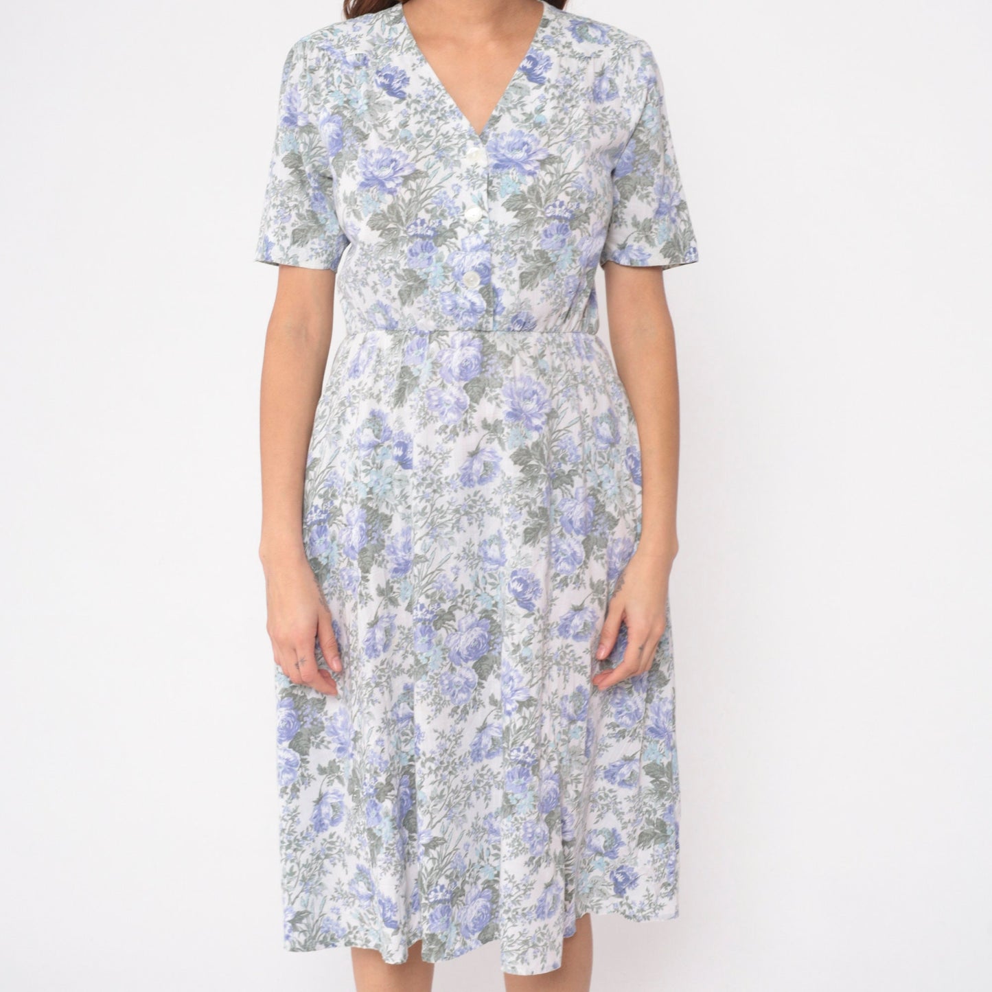 80s Stuart Alan Petites Floral Midi Dress Lavender Button-Up V-Neck Small
