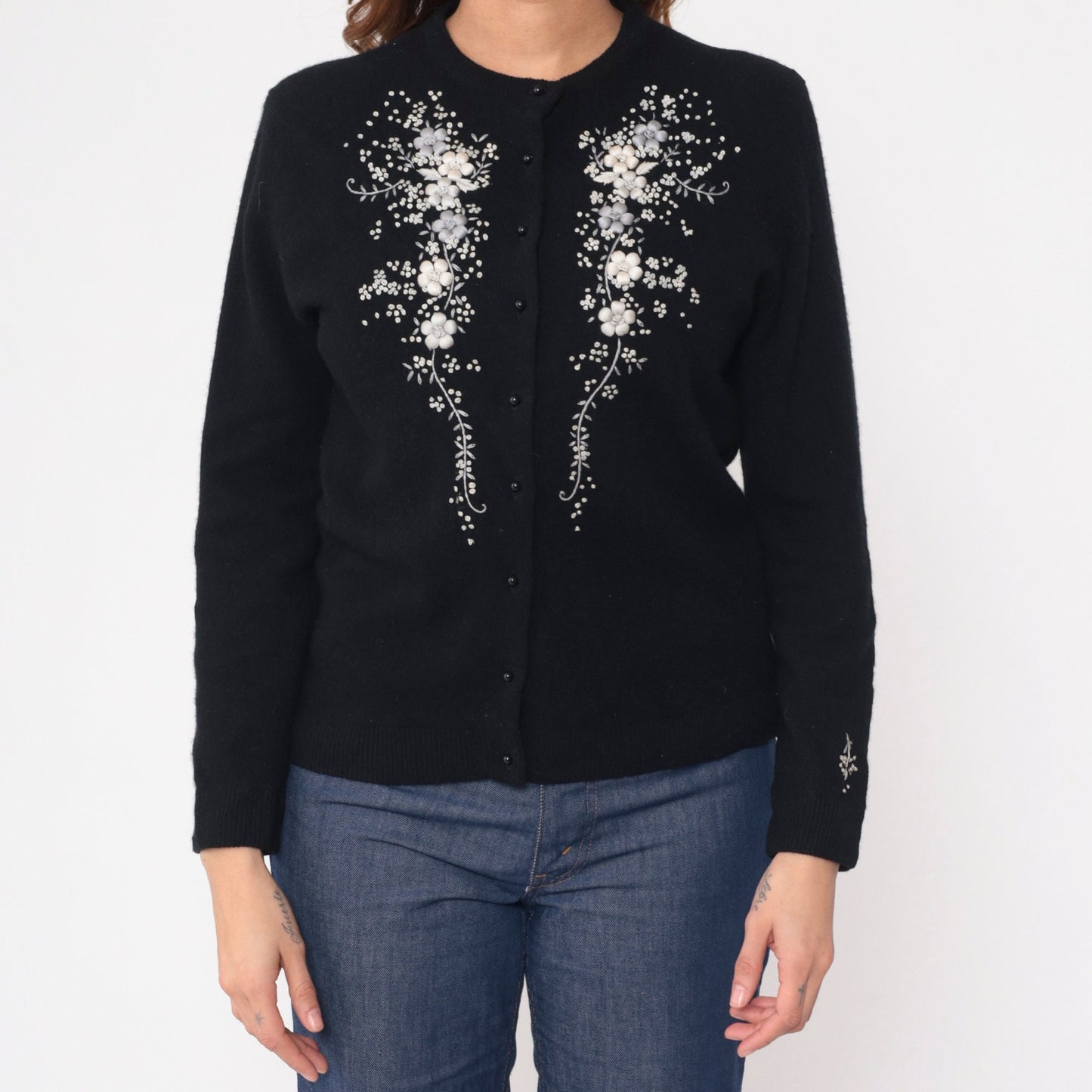60s Black Cardigan Grey Floral Embroidered Button-Up Wool Blend Medium