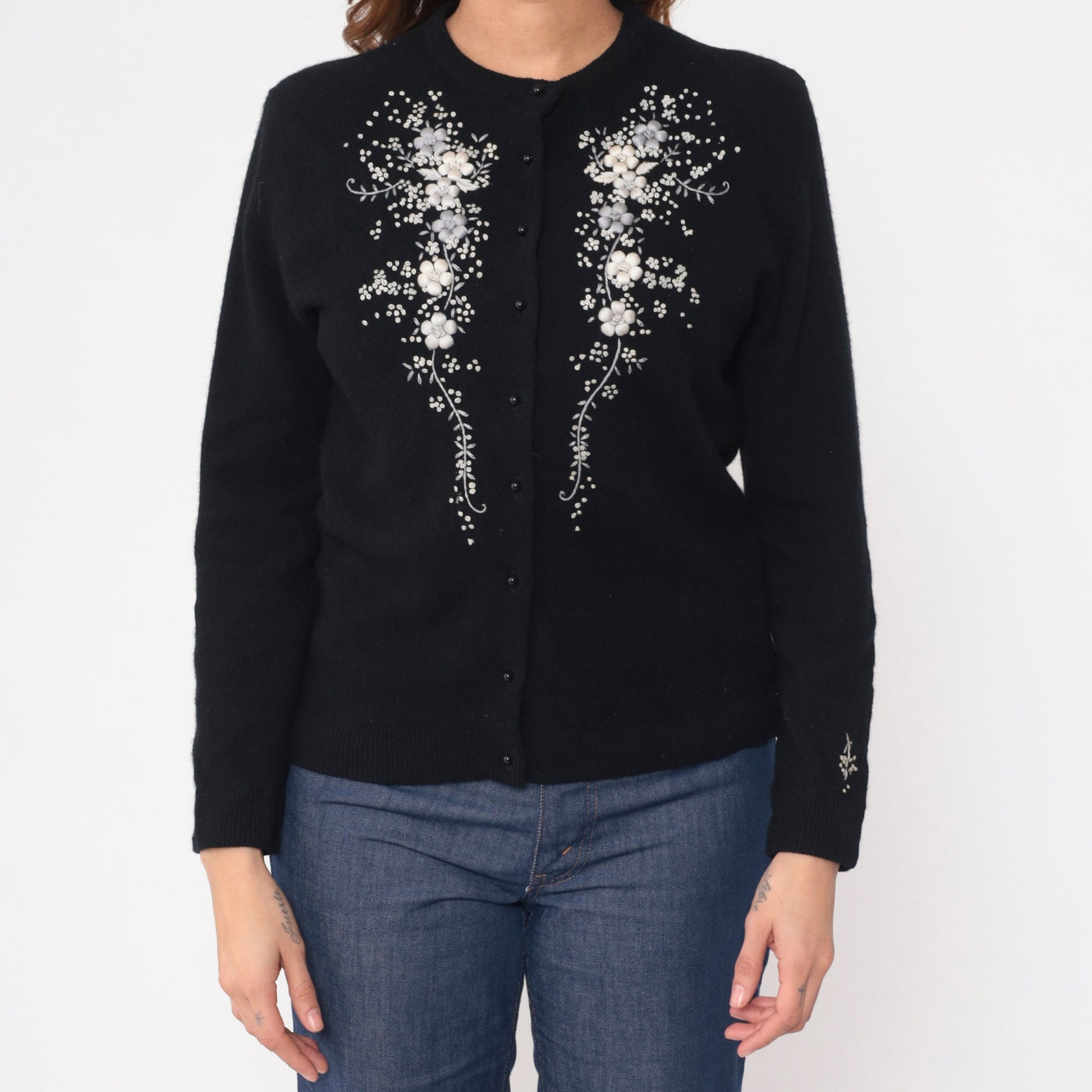 60s Black Cardigan Grey Floral Embroidered Button-Up Wool Blend Medium