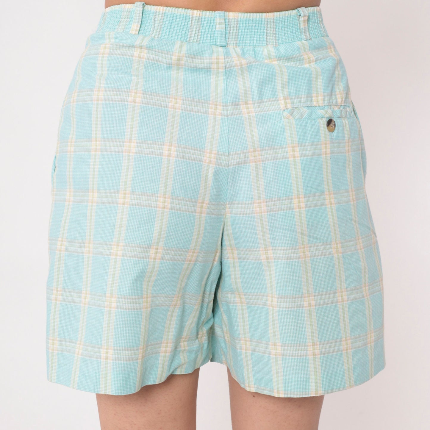 90s Plaid High-Waisted Shorts Aqua Blue Yellow Pleated Cotton Medium