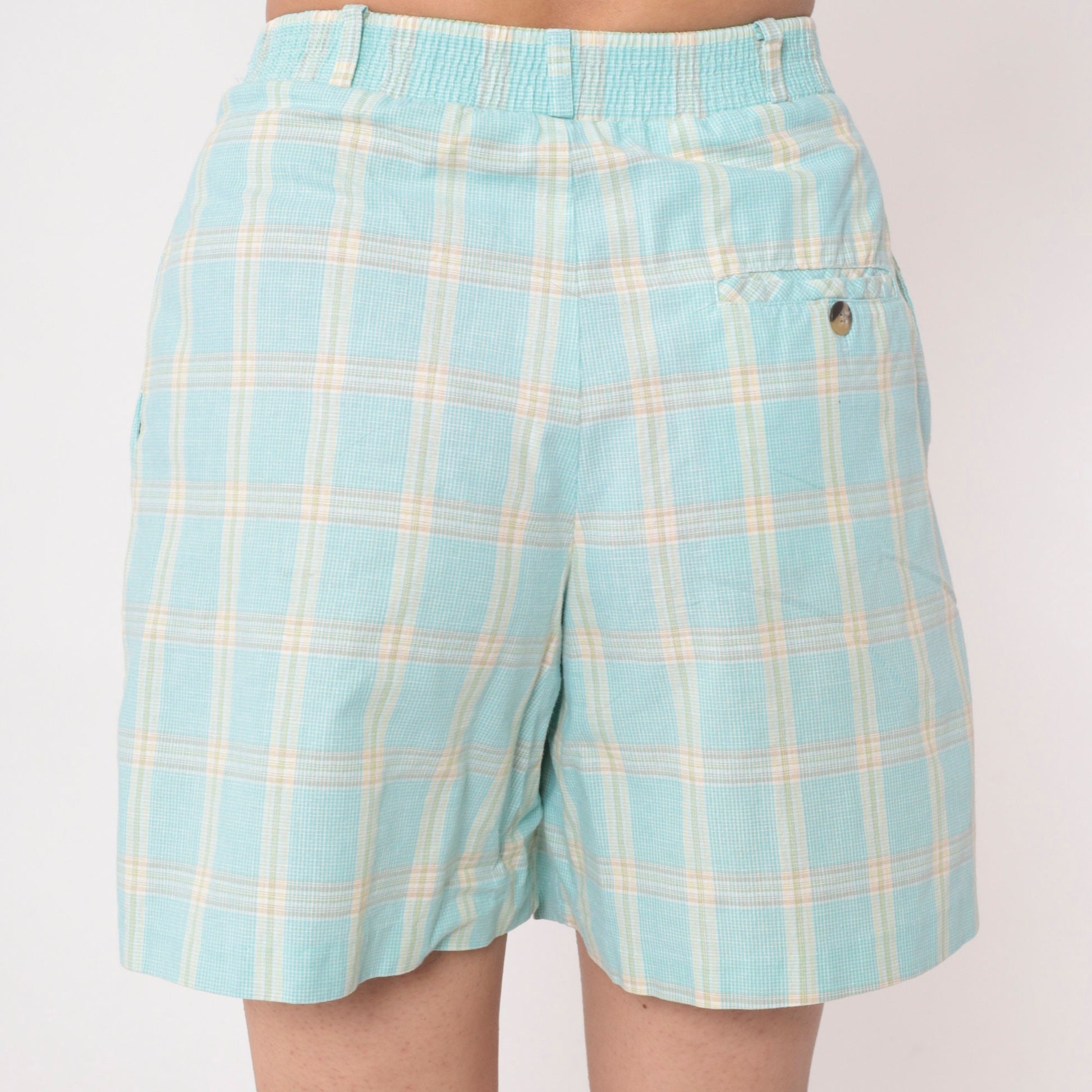 90s Plaid High-Waisted Shorts Aqua Blue Yellow Pleated Cotton Medium