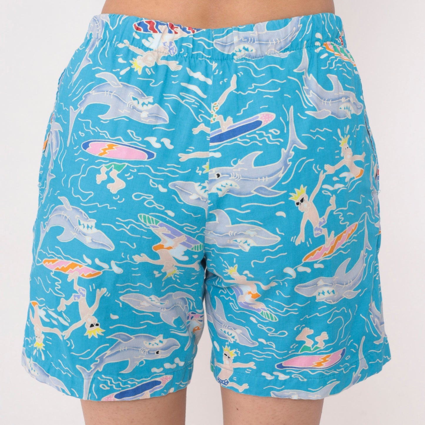 90s Kiwi Surf Shark Surfer Print Swim Shorts Blue Cotton Small