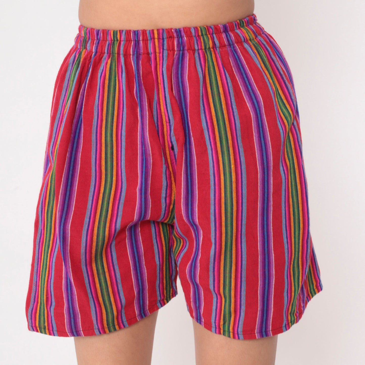 00s Striped Serape Shorts Red Rainbow Elastic Waist Small
