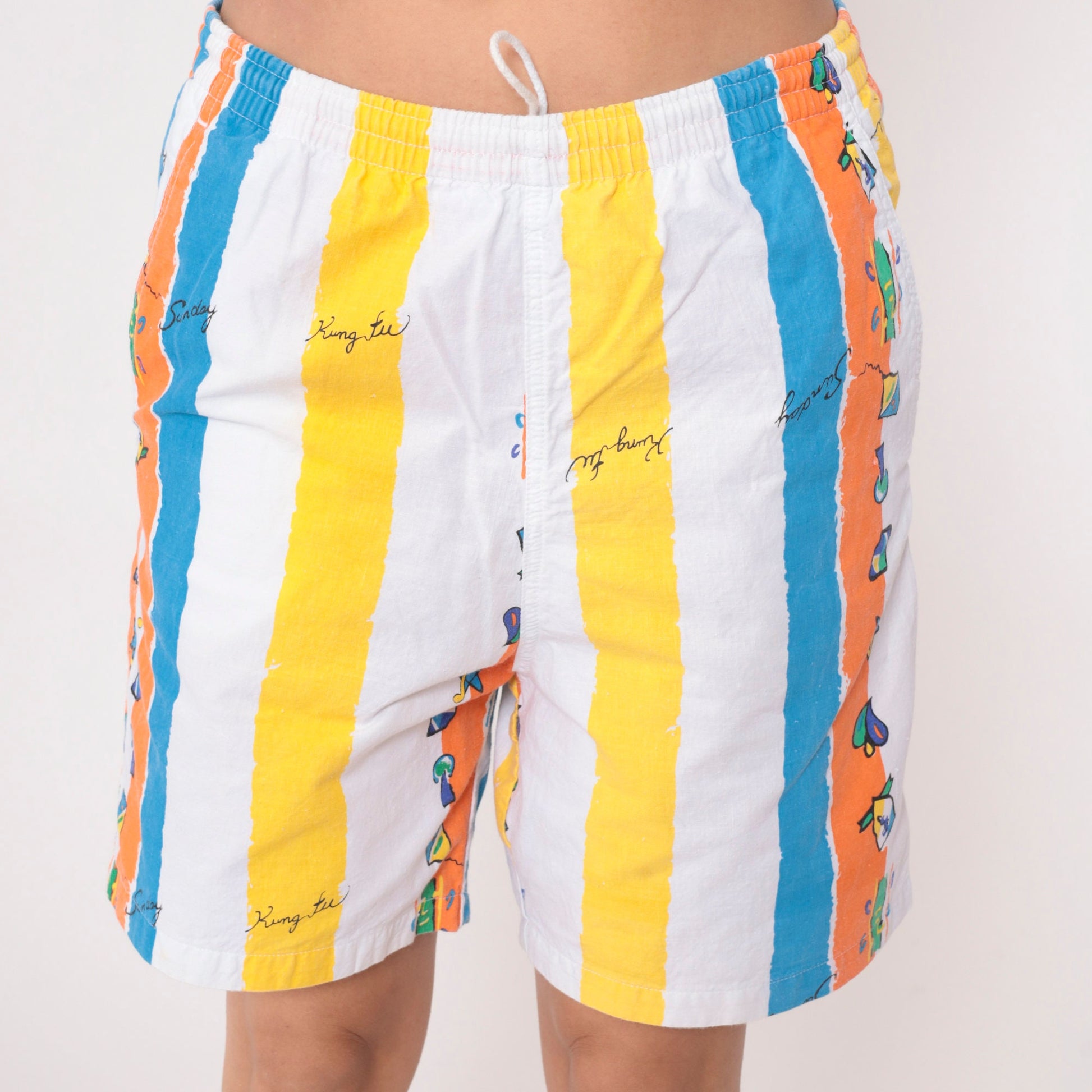 90s Striped Shorts Kung Fu Musical Notes Palm Trees Blue Orange Medium