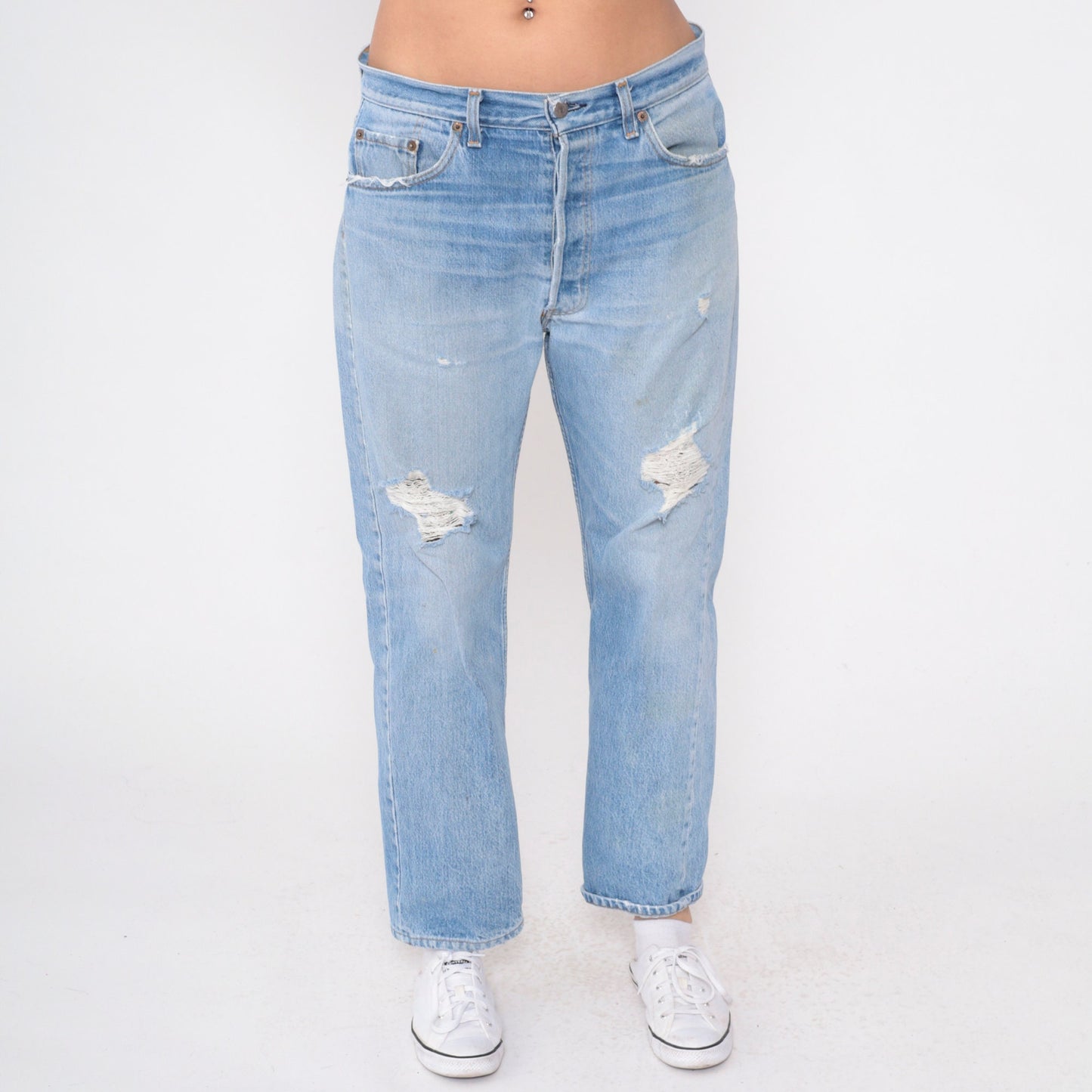 90s Levis 501 Ripped Blue Denim Jeans Button Fly Relaxed Fit Large 36