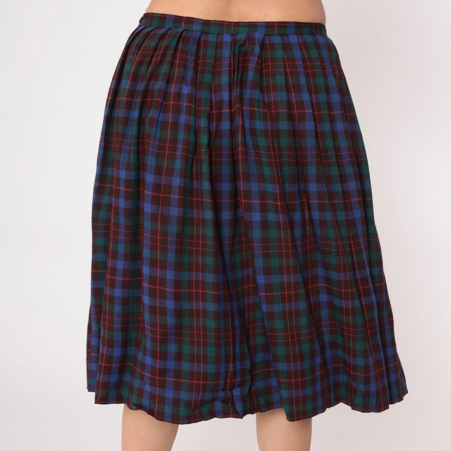 80s Maroon Blue Green Plaid Midi Skirt High Waist Pleated Large
