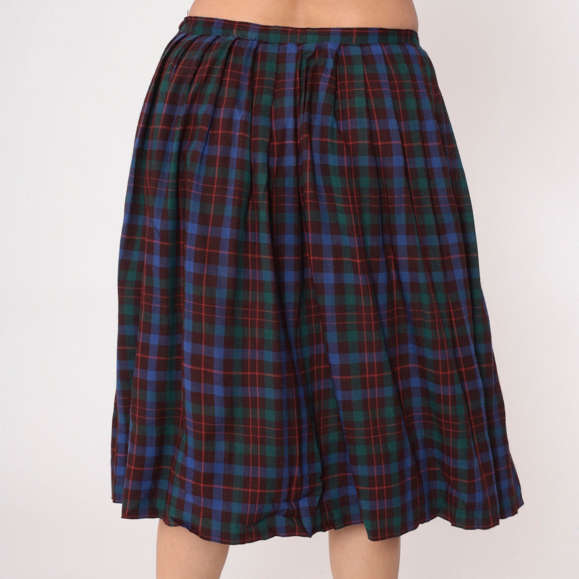 80s Maroon Blue Green Plaid Midi Skirt High Waist Pleated Large