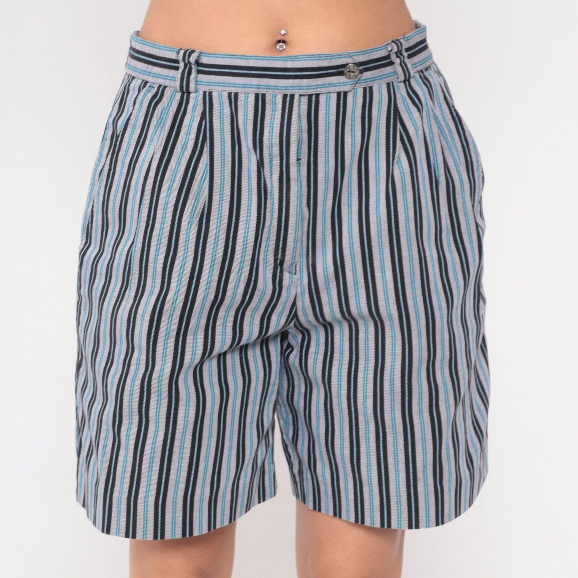 90s Head Sportswear Striped Shorts High Waist Pleated Blue White Black Medium