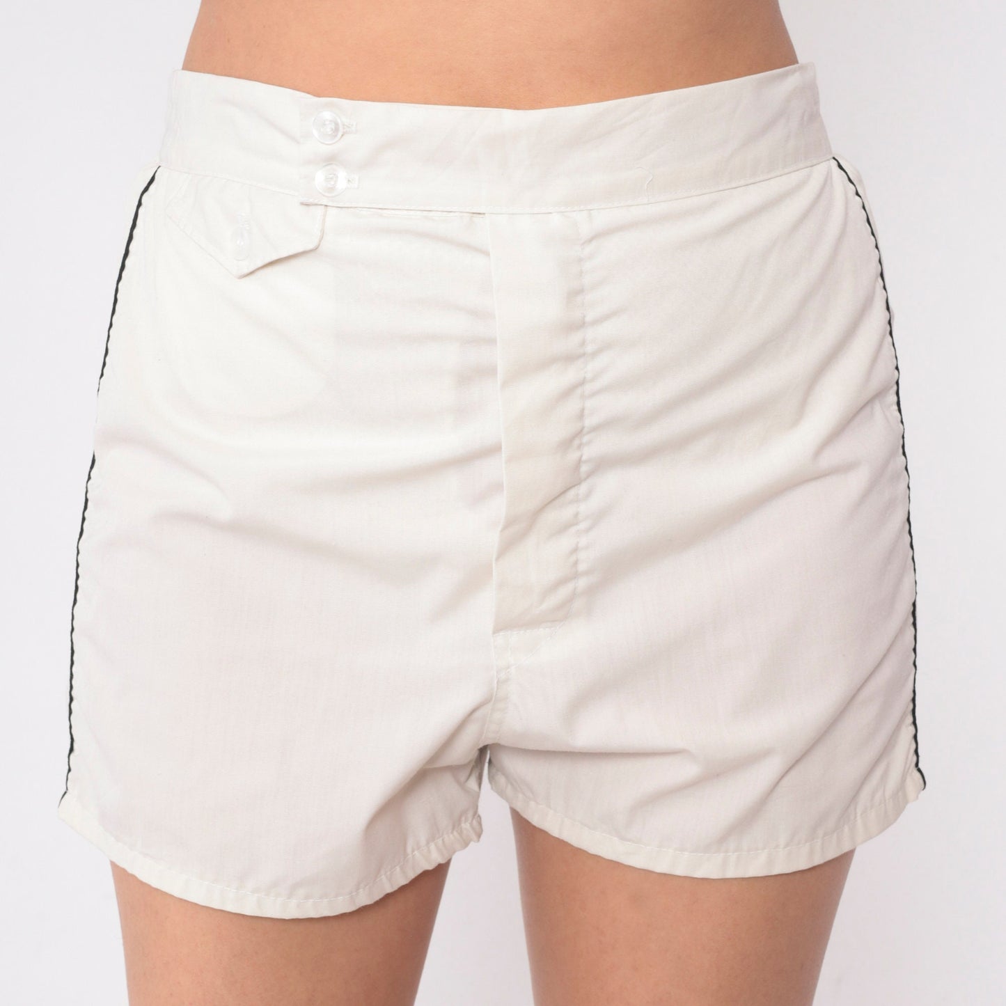 80s BVD Swim Shorts Ecru White High Waist Elastic Waistband Small
