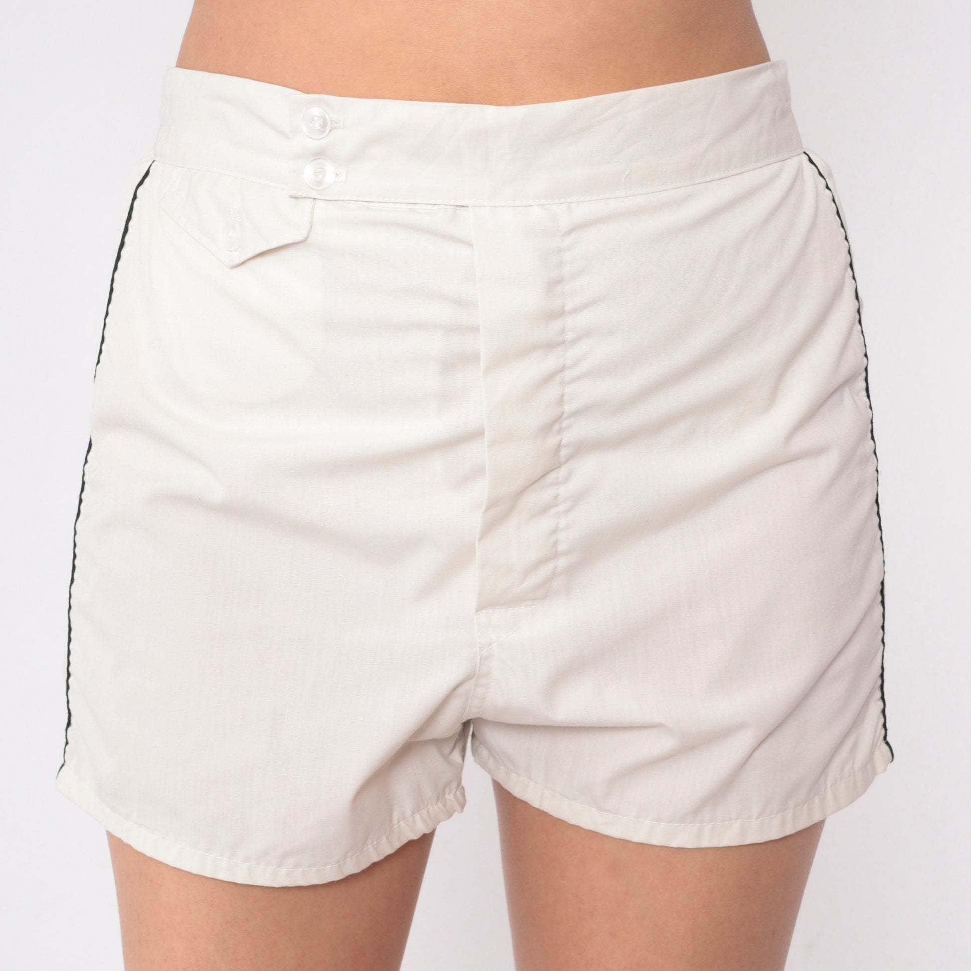 80s BVD Swim Shorts Ecru White High Waist Elastic Waistband Small