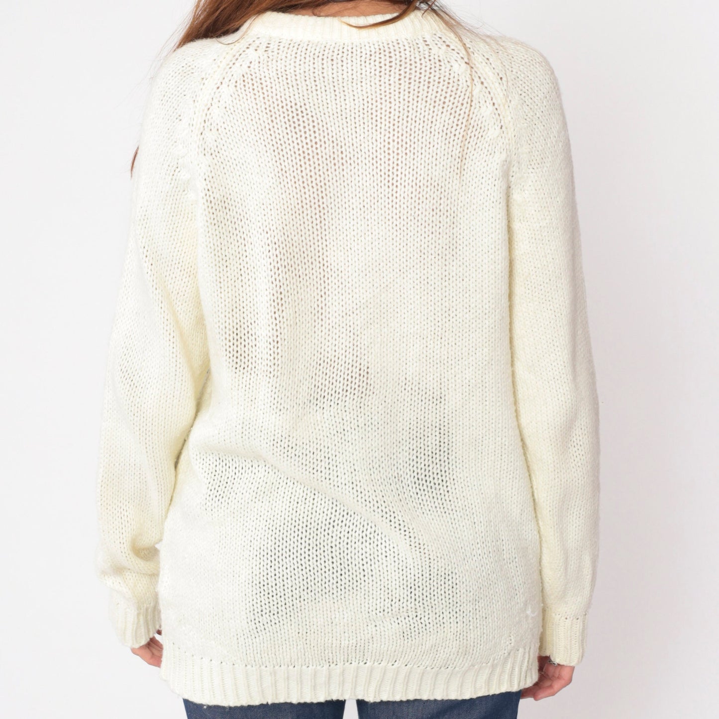70s Floral Embroidered Cardigan Sweater Off-White Raglan Knit Large