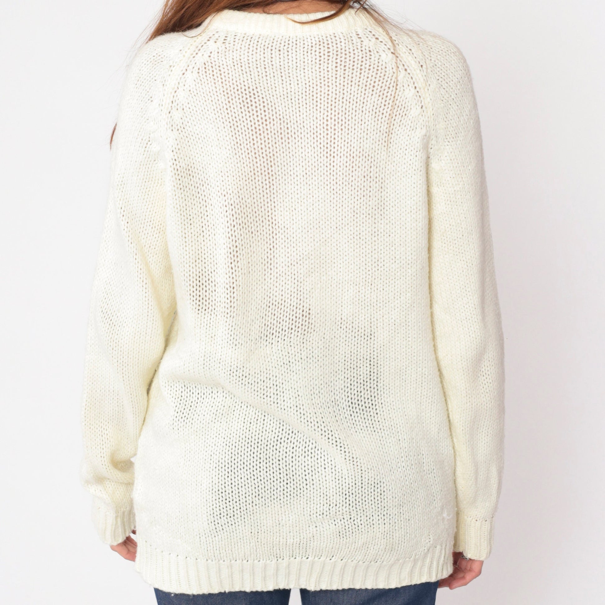 70s Floral Embroidered Cardigan Sweater Off-White Raglan Knit Large
