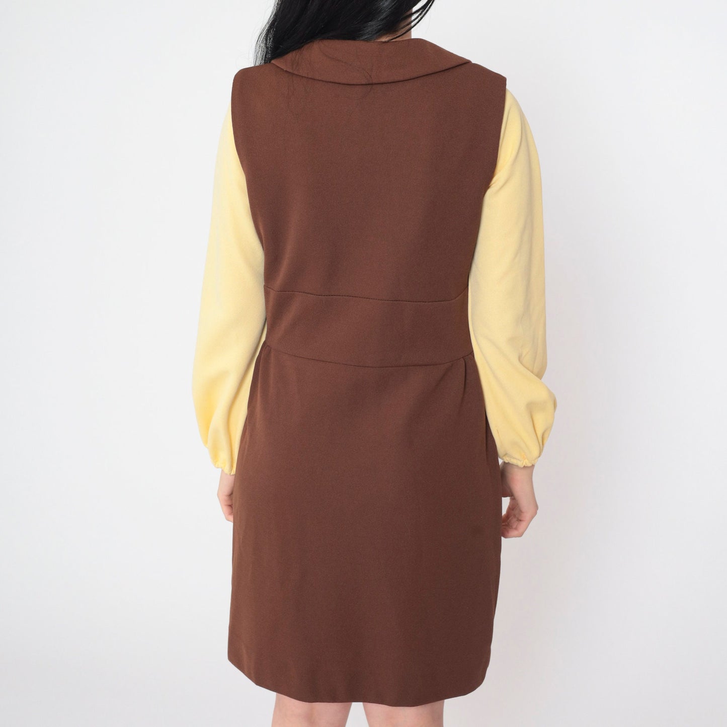 70s Mod Mini Dress and Vest Set Yellow Brown Shift Long Sleeve Medium