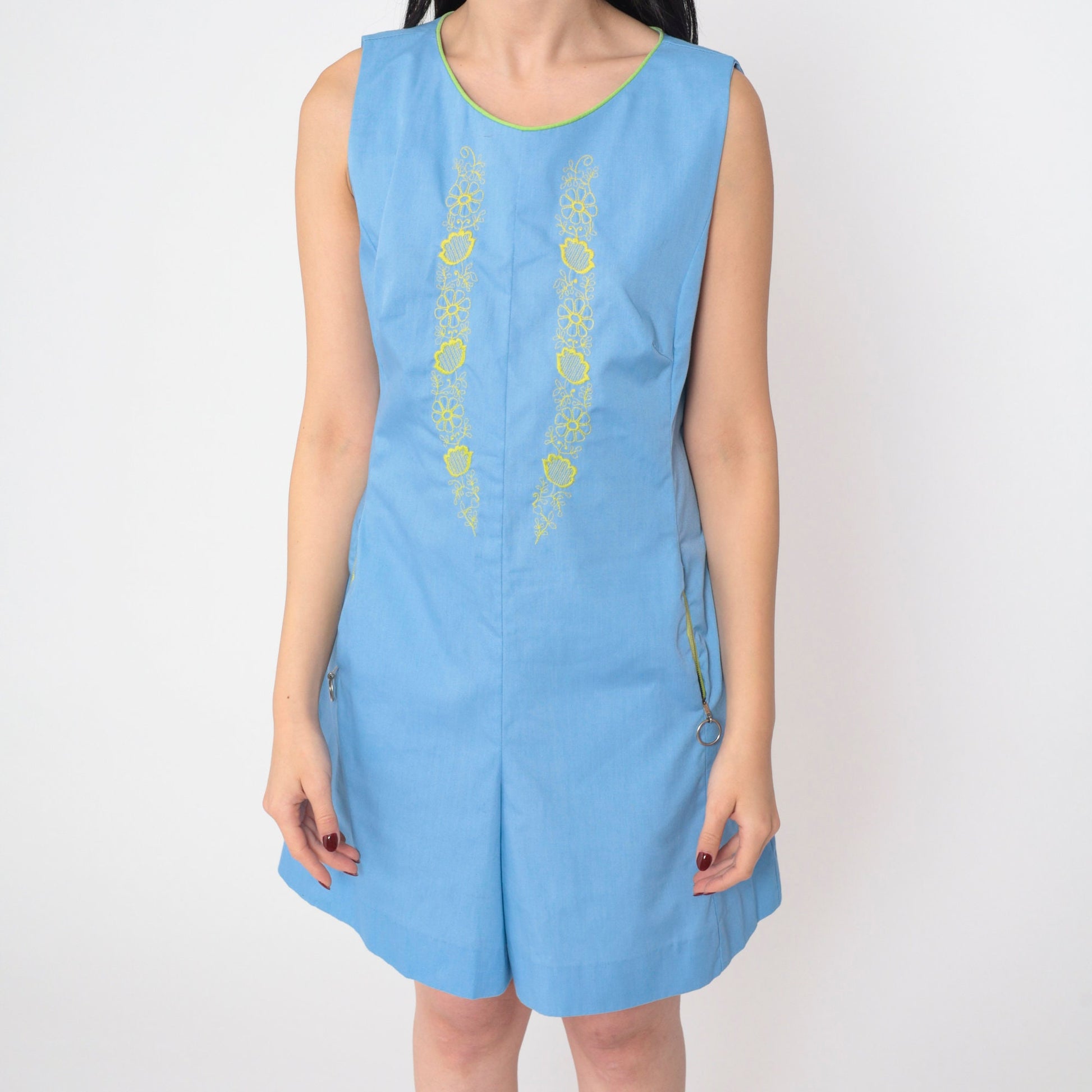 60s Mod Floral Embroidered Romper Blue Sleeveless Mini Cotton Small S