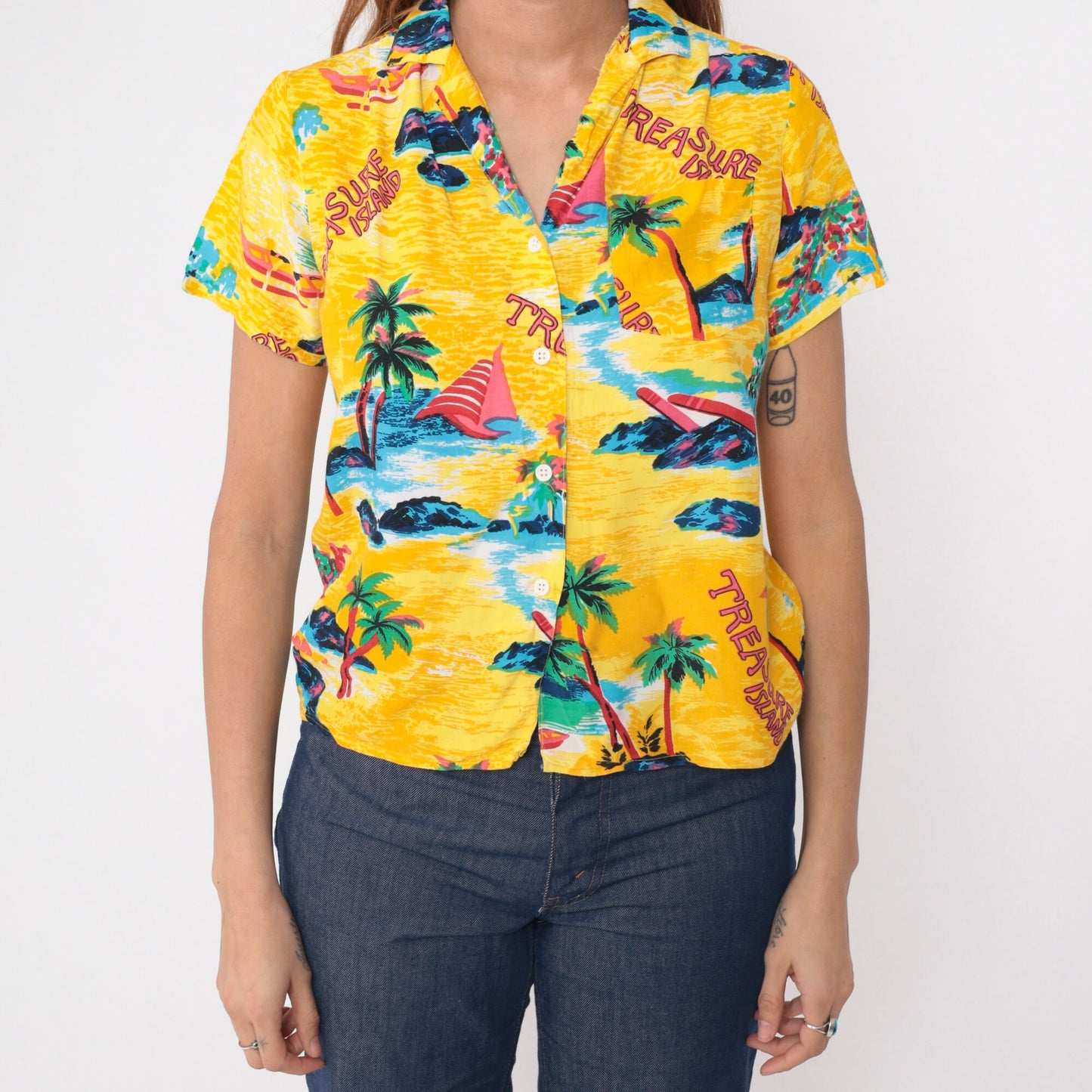 90s Sultra Tropical Shirt Yellow Palm Tree Sailboat Print Button Up Small