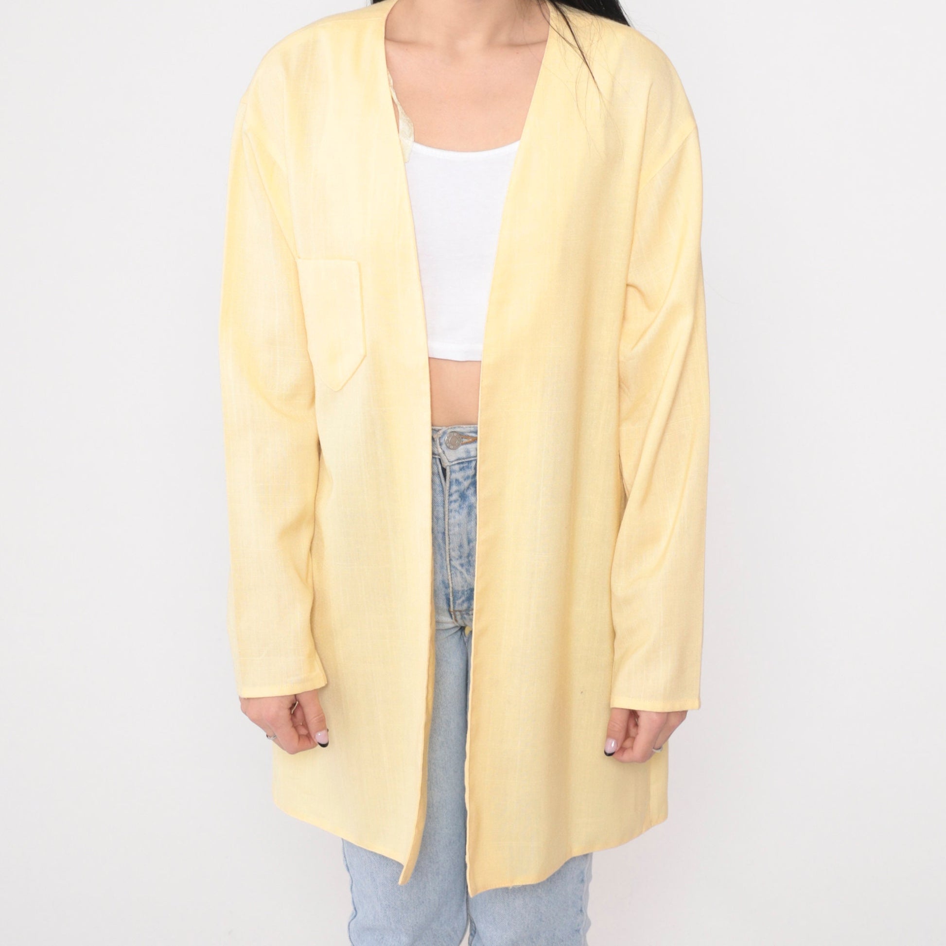 90s Pastel Yellow Longline Cardigan Jacket Open Front Medium Large