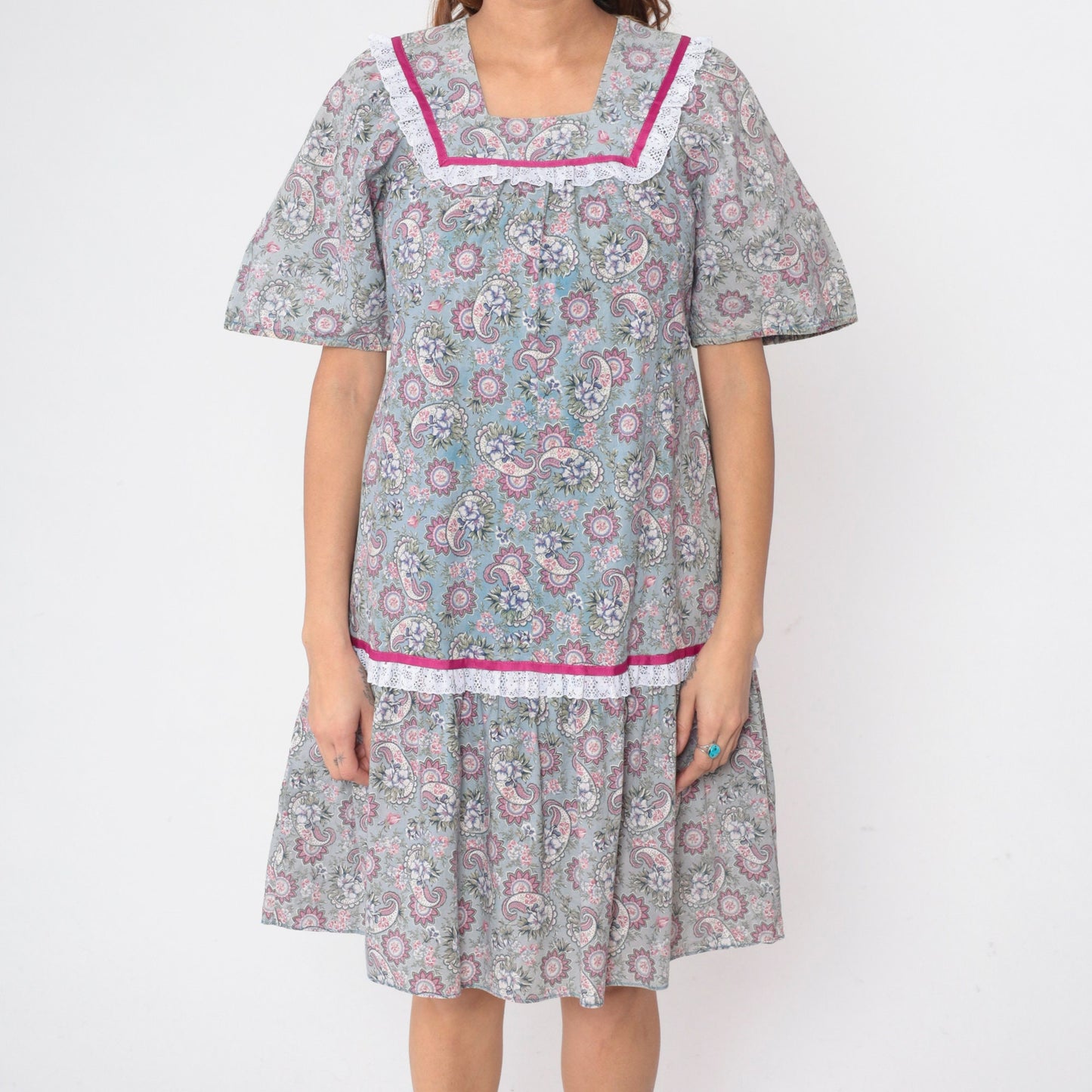 80s Paisley Floral Midi Dress Lace Yoke Tent Cut Ruffled Hem Cotton Small