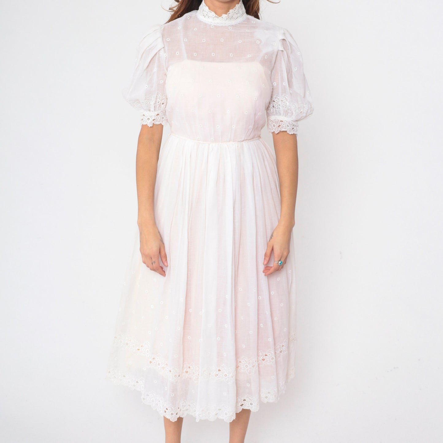 60s White Eyelet Dress Floral Embroidered Puff Sleeve High Waist Midi Small