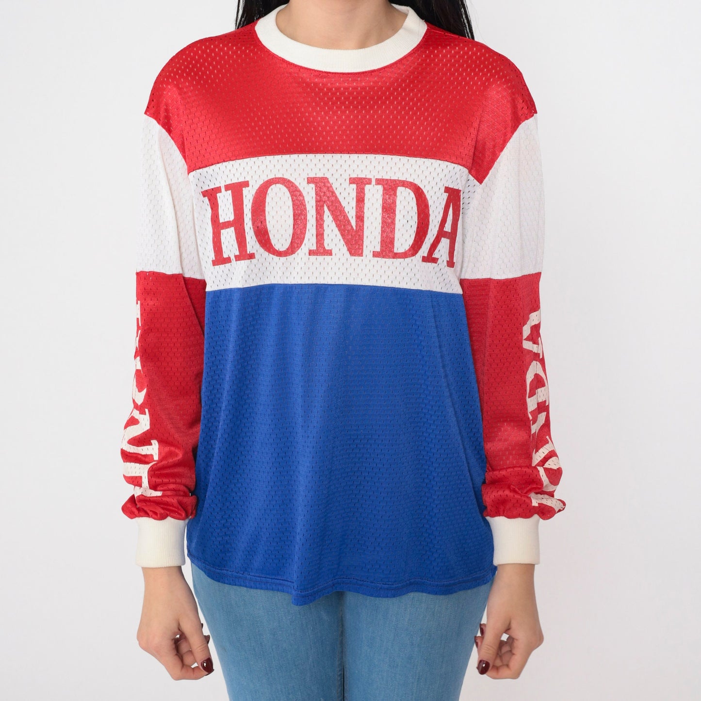 80s Honda Racing Mesh Jersey Red White Blue Viking Patch Small