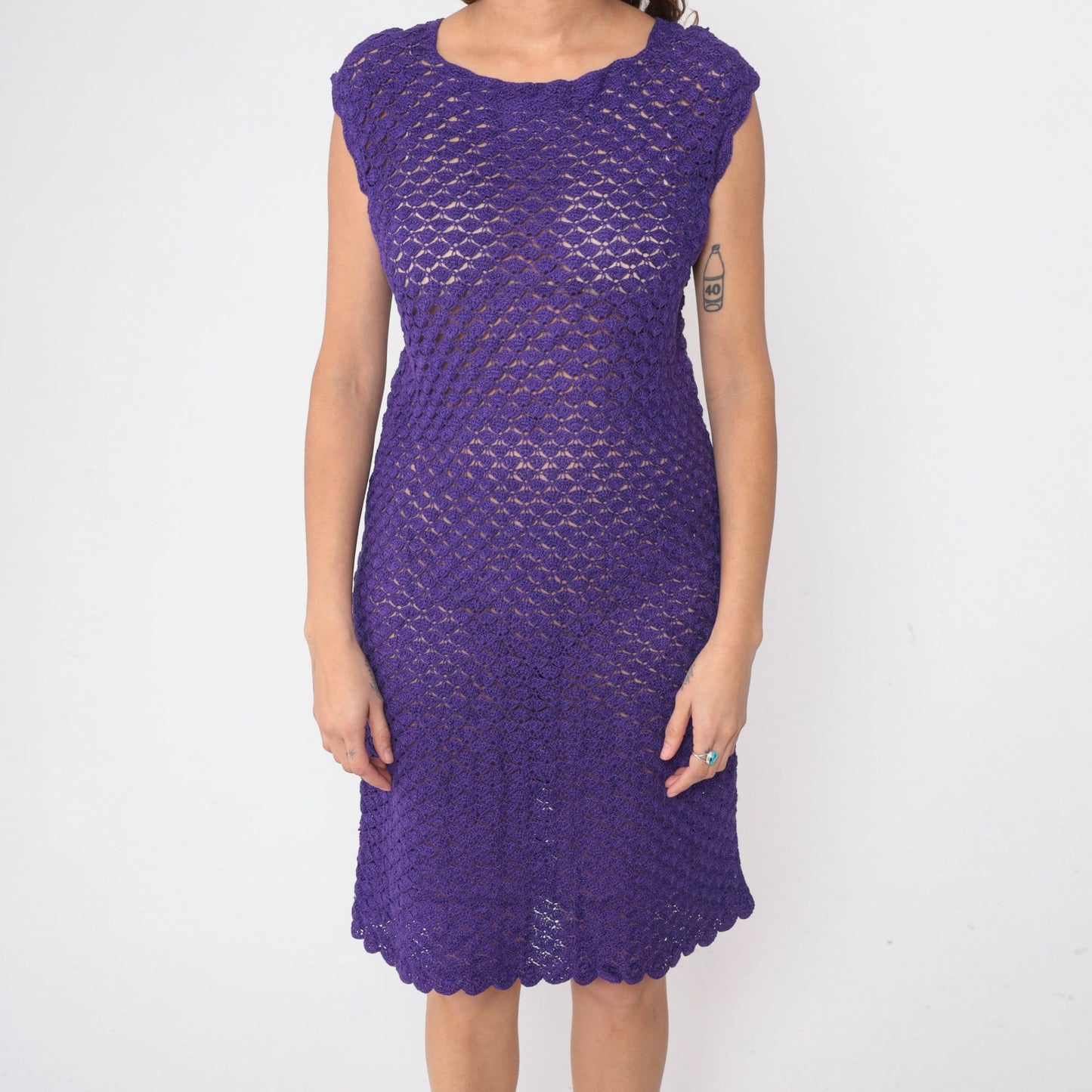 70s Purple Crochet Mini Dress Sheer Knit Shift Cut Cap Sleeve Small
