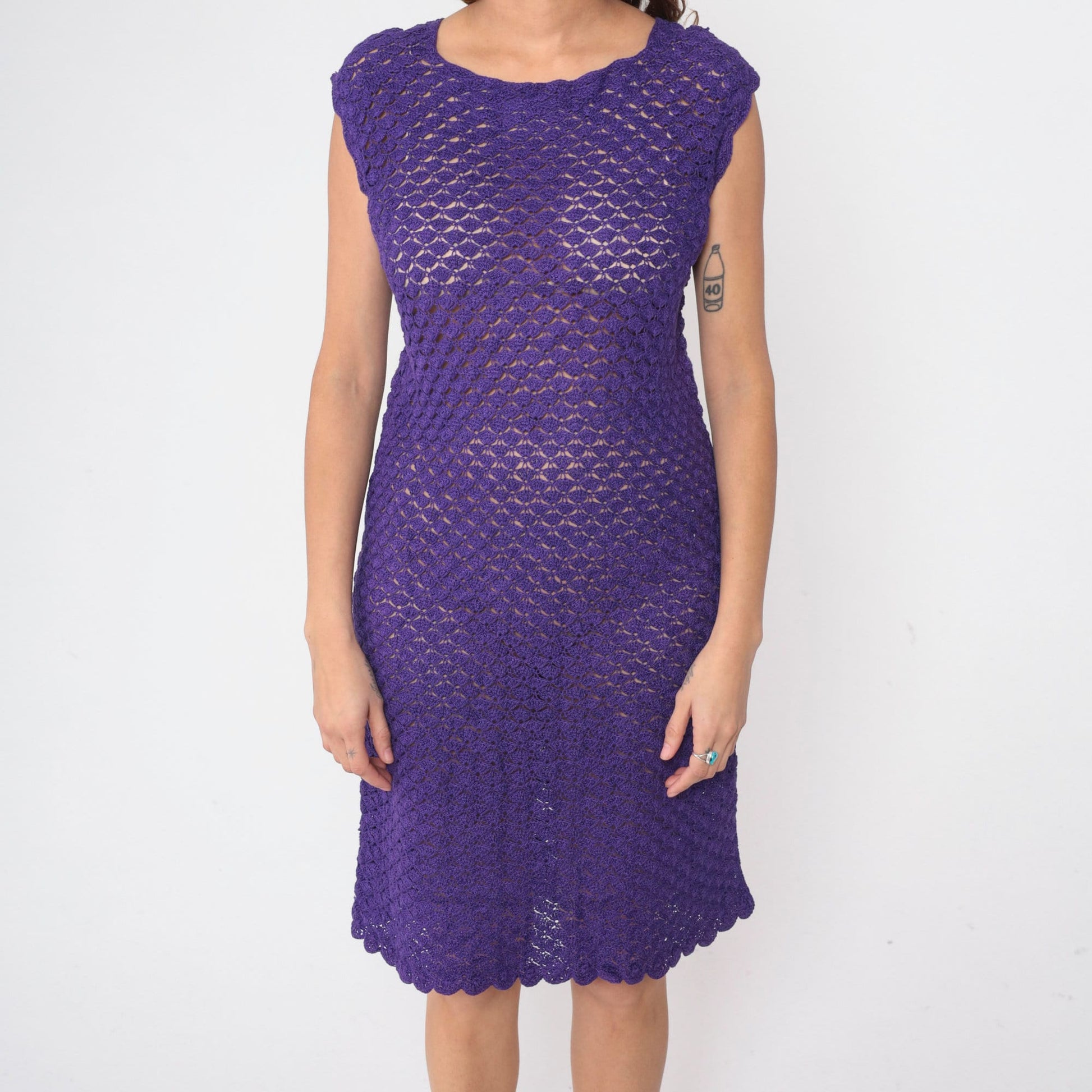 70s Purple Crochet Mini Dress Sheer Knit Shift Cut Cap Sleeve Small