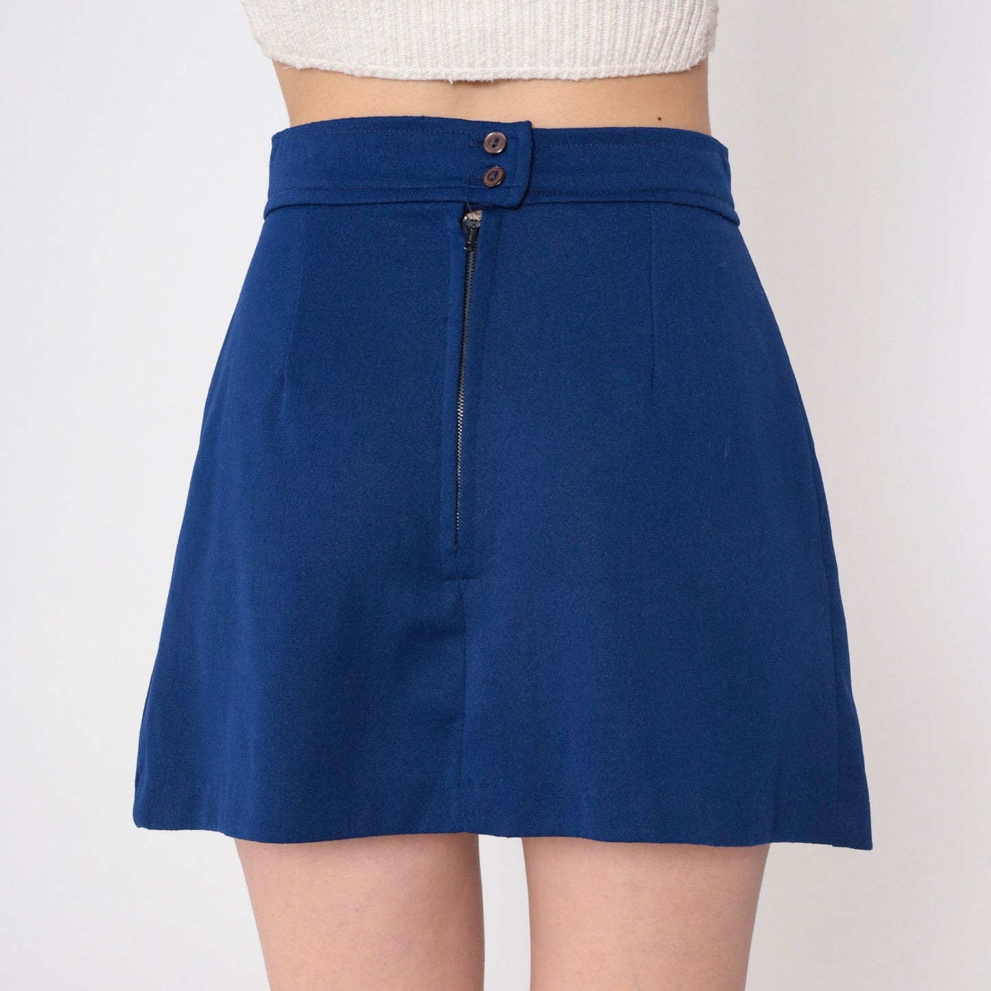 70s Navy Skort Floral Embroidered High Waisted Mini A Line Small S
