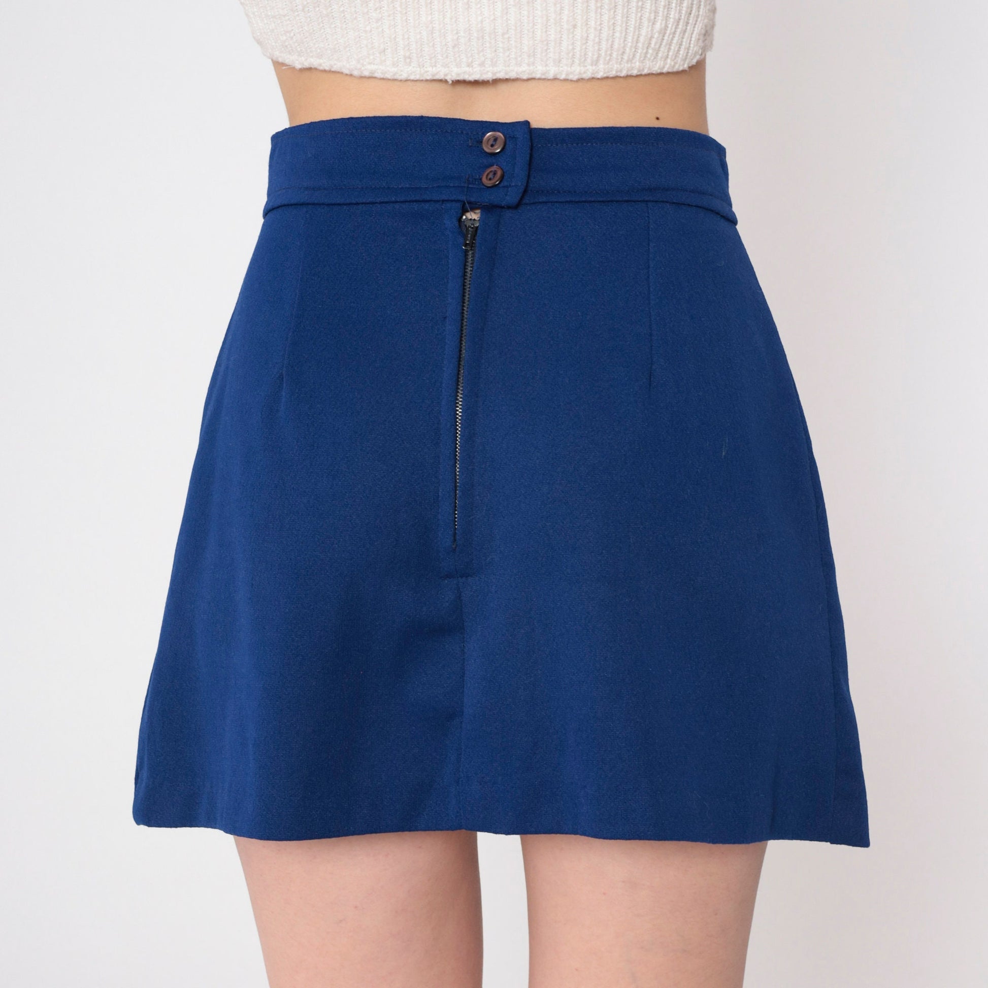 70s Navy Skort Floral Embroidered High Waisted Mini A Line Small S