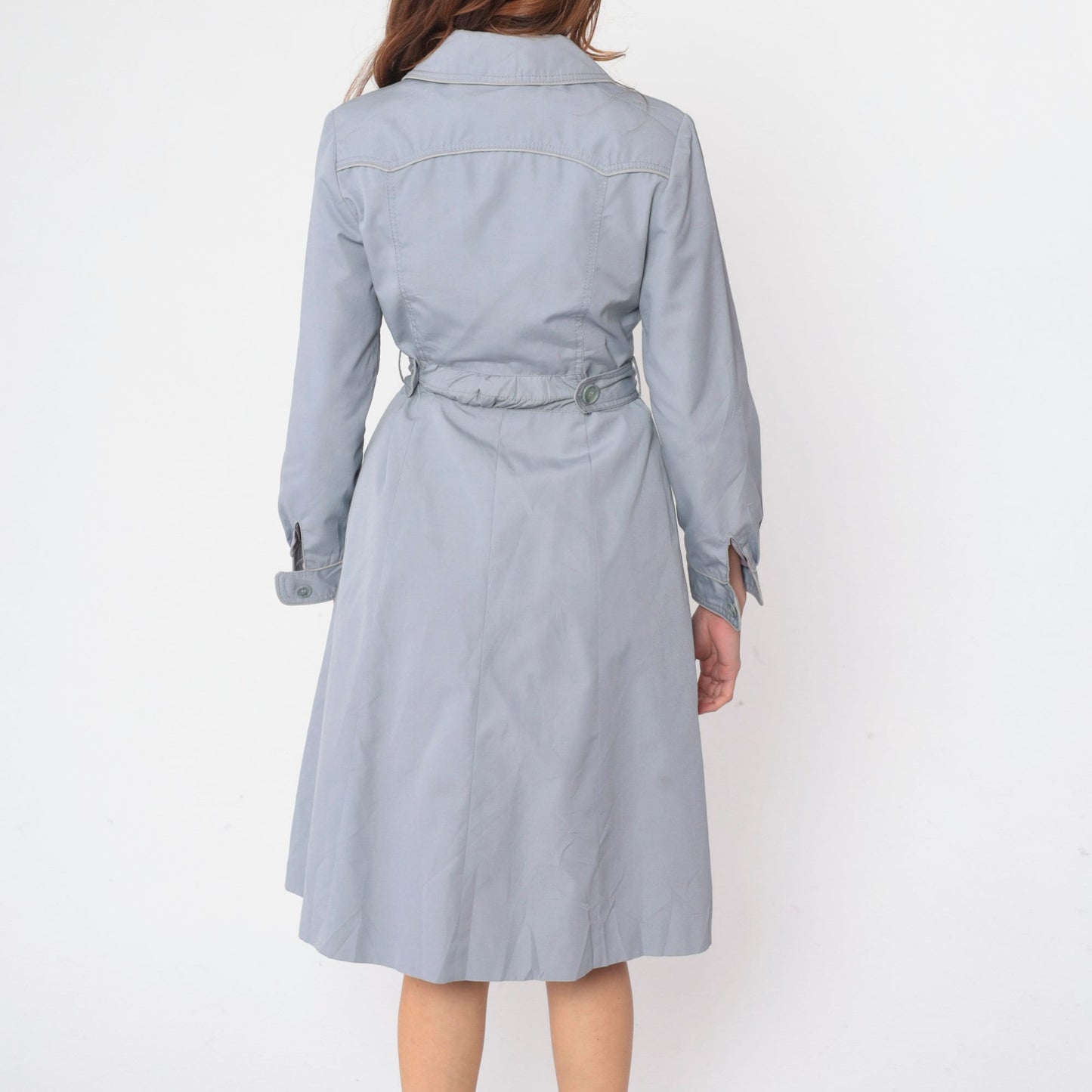 70s Muted Blue Trench Coat Western Yoke Button-Up Belted Jacket Small
