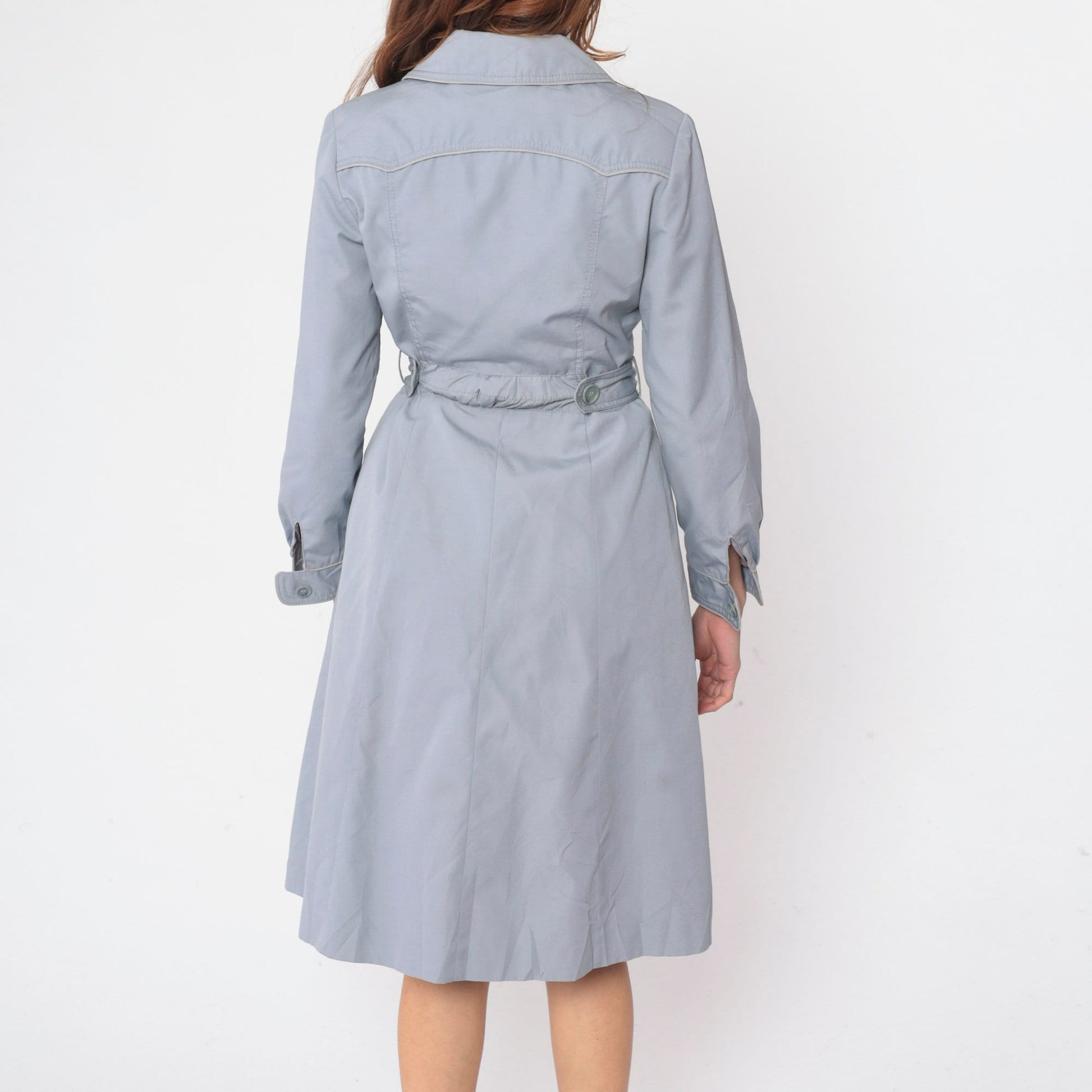 70s Muted Blue Trench Coat Western Yoke Button-Up Belted Jacket Small