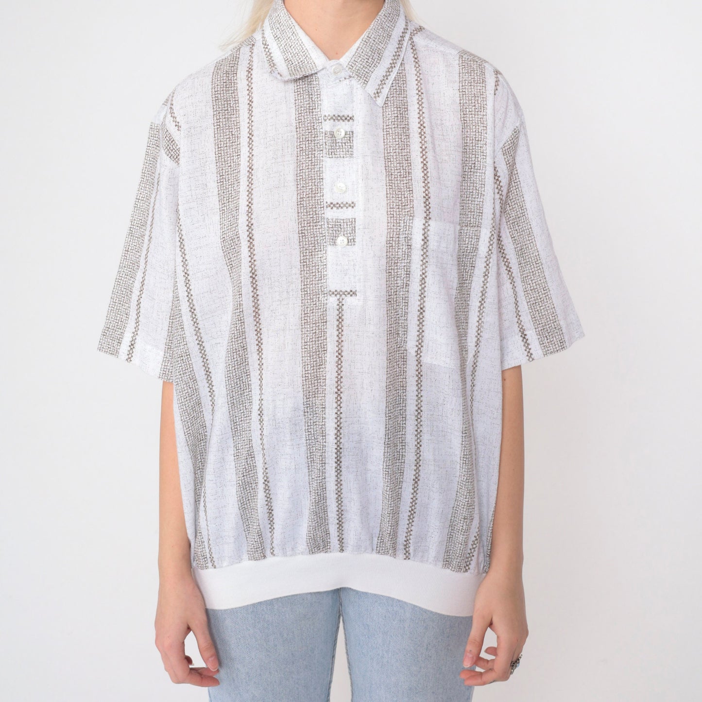 90s D'Accord Polo Shirt White Brown Checkered Striped Collared Large