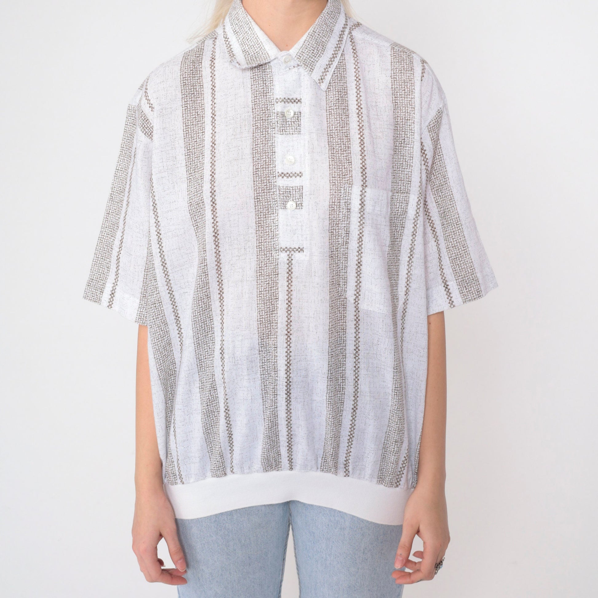 90s D'Accord Polo Shirt White Brown Checkered Striped Collared Large