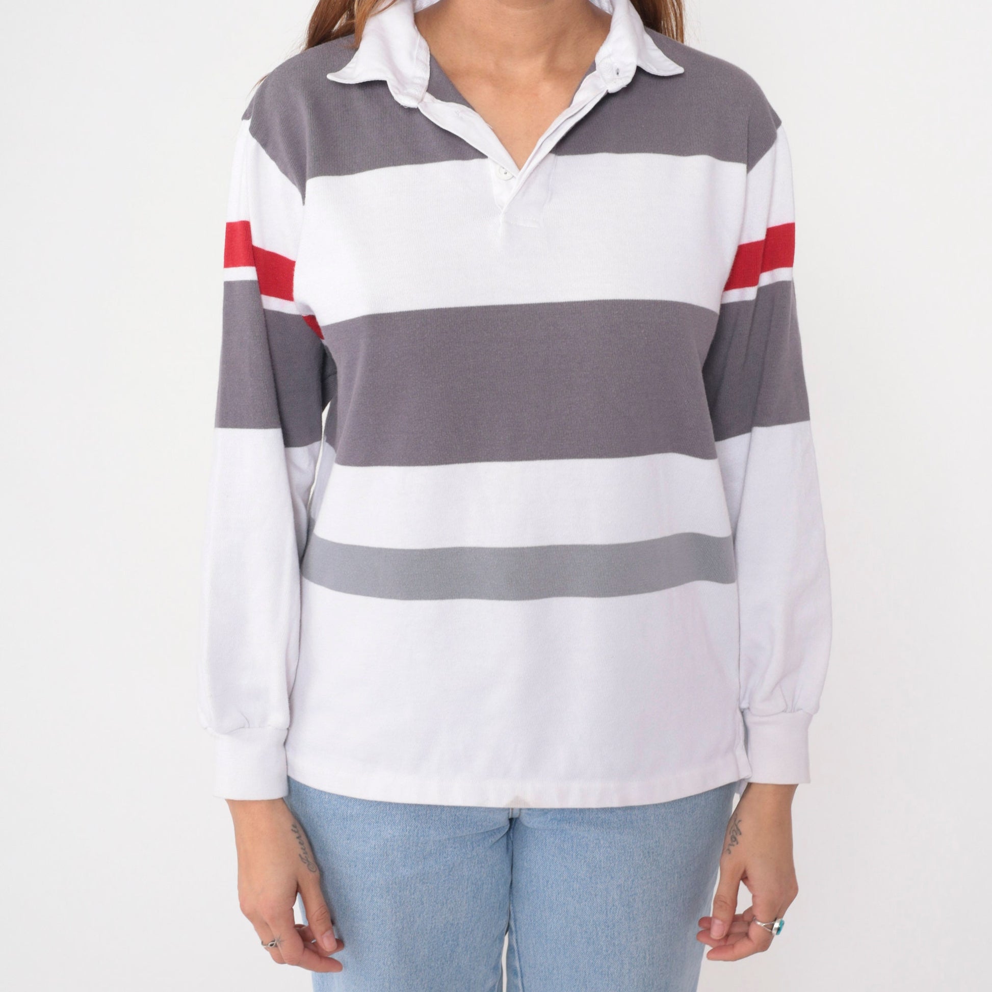 90s Shore Club Striped Rugby Shirt White Grey Red Long Sleeve Polo Medium