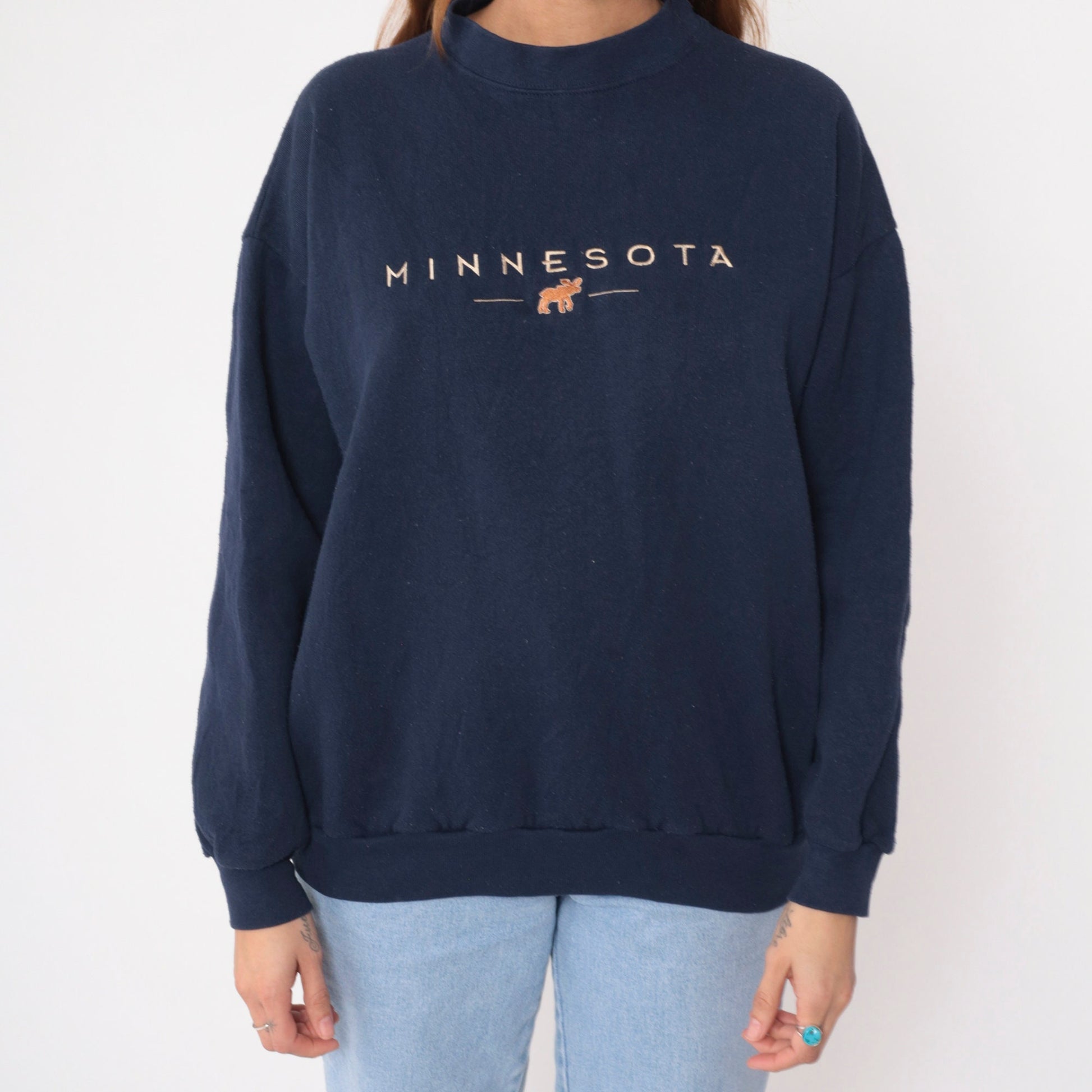 90s Minnesota Moose Embroidered Navy Sweatshirt Crewneck Pullover Large L
