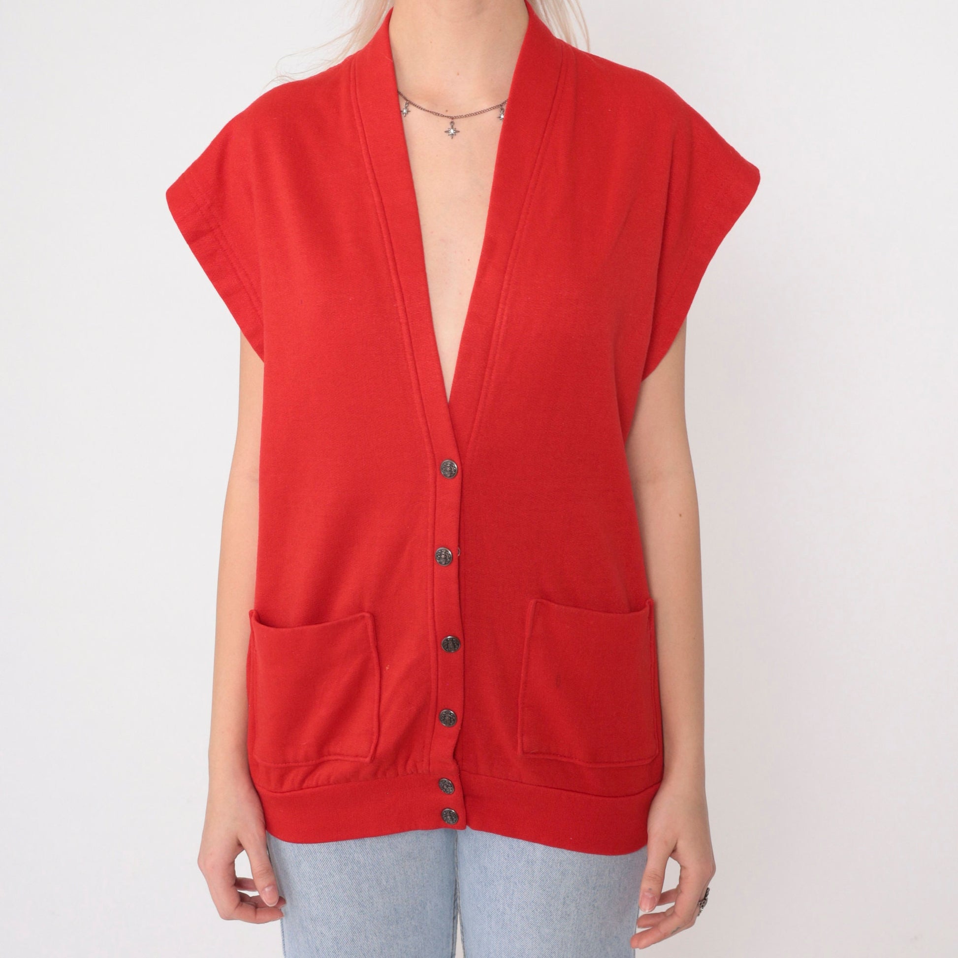 90s Red Sweatshirt Vest Button-Up V-Neck Cap Sleeve Medium M