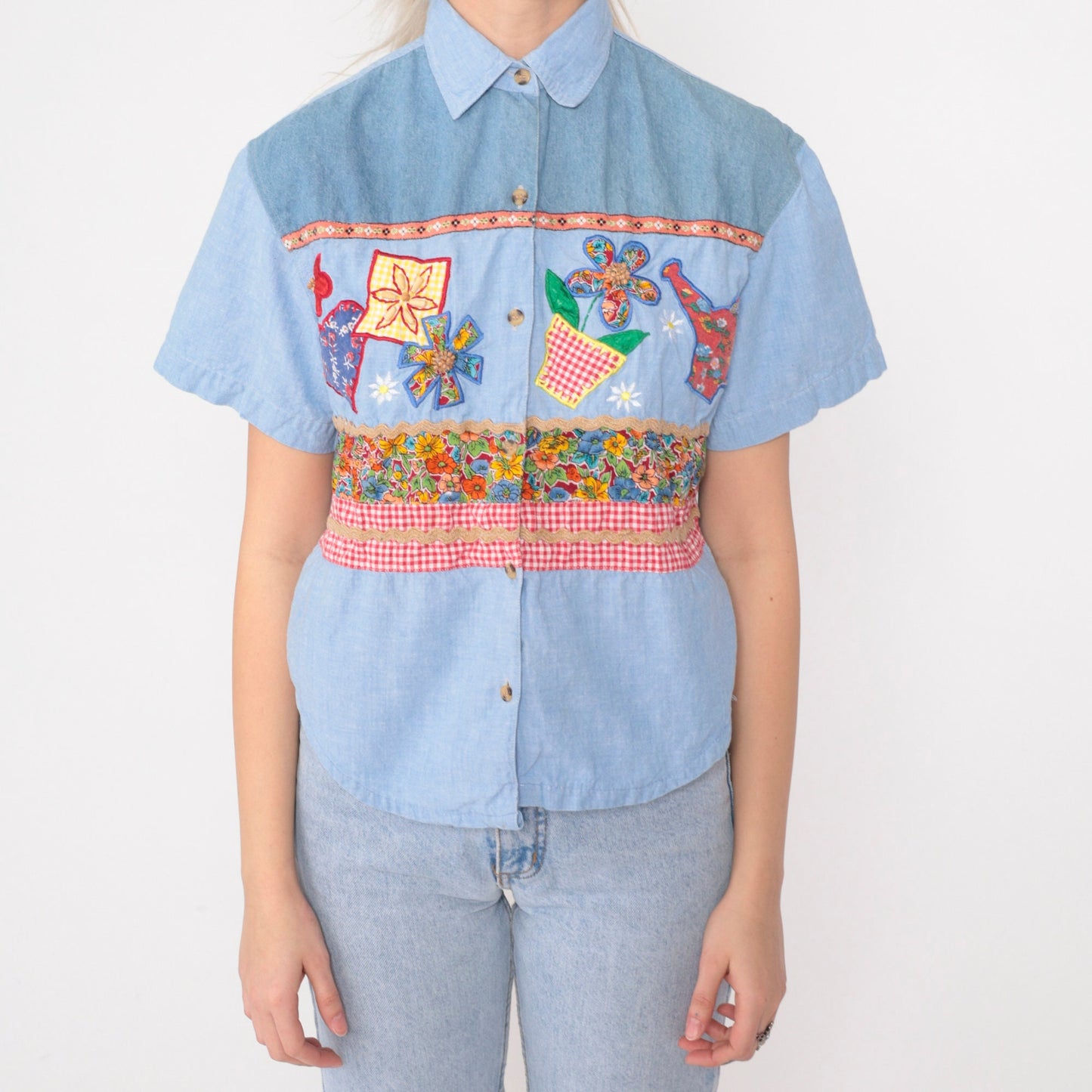 90s Victoria Jones Chambray Blouse Beaded Floral Embroidered Denim Blue Medium Petite