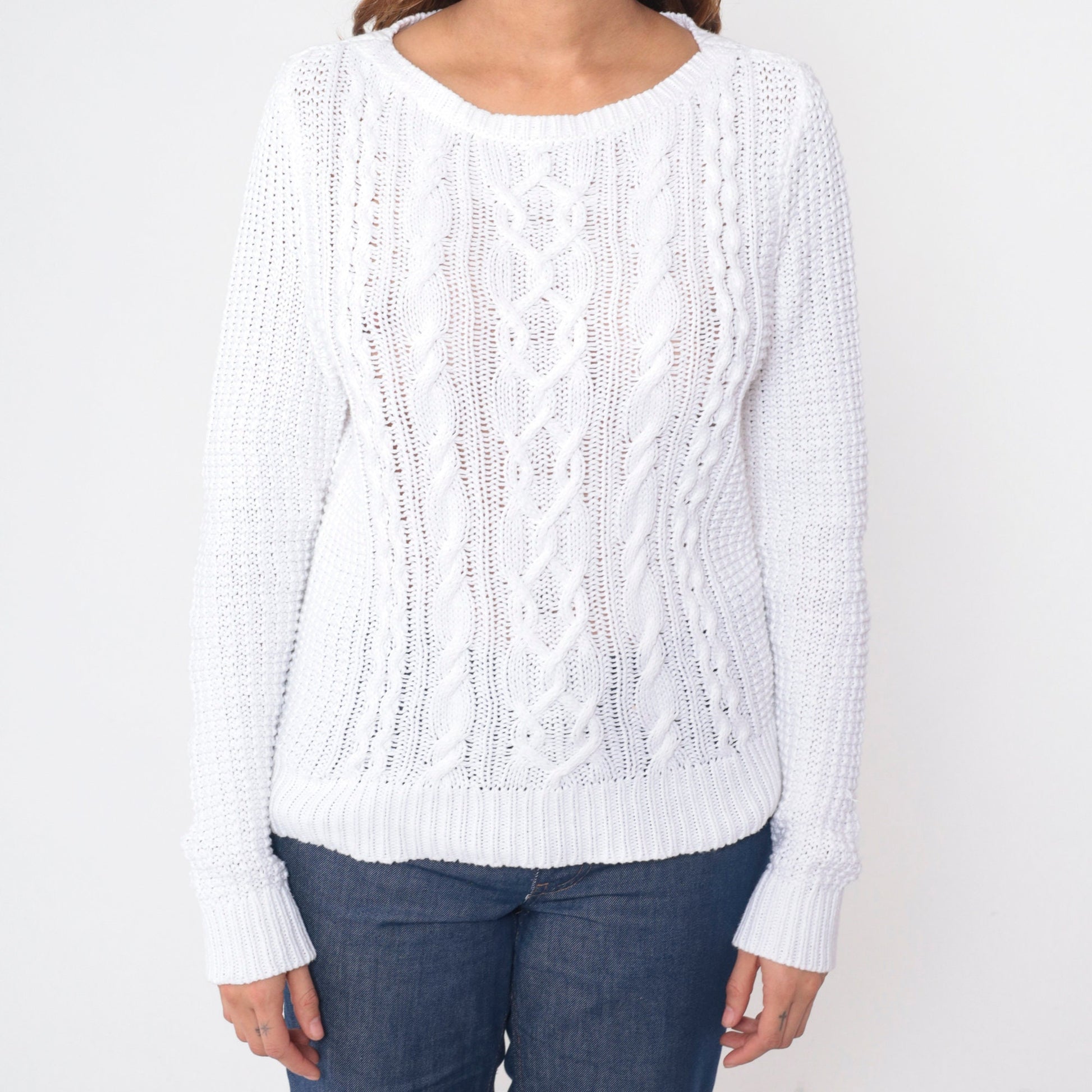 Y2K Ralph Lauren White Cable Knit Pullover Sweater Medium M