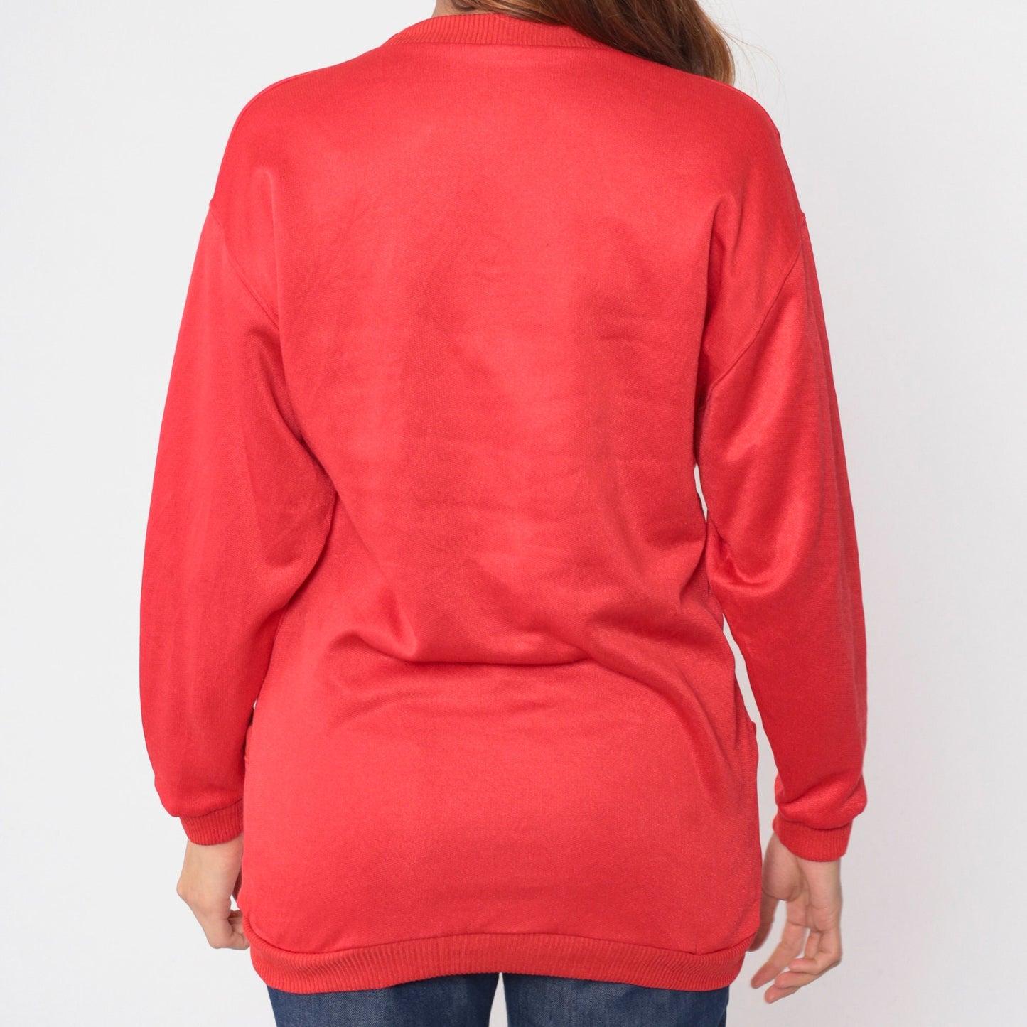 90s Red Cardigan Sweater Button Up Deep V Neck Pockets Medium Large