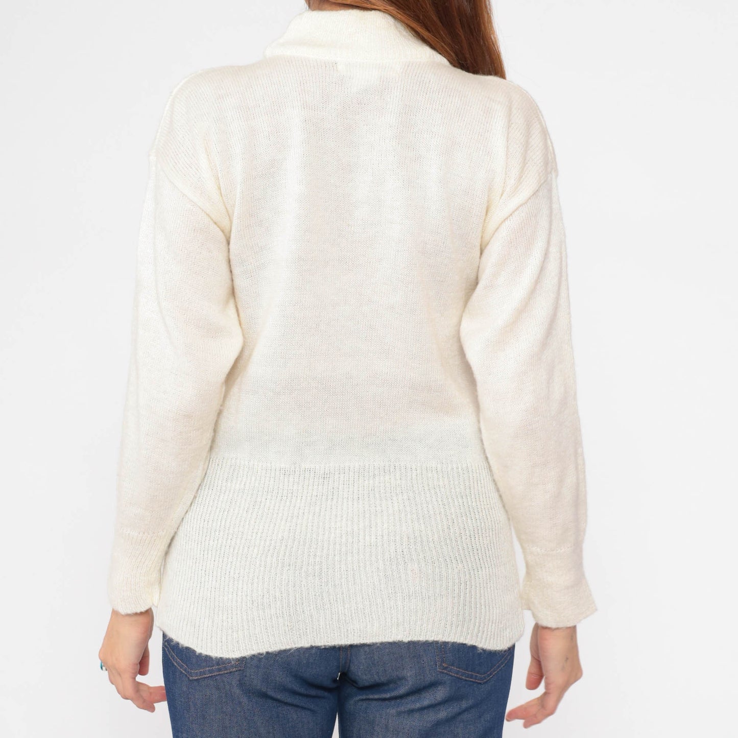 70s Jack Winter Cream Lace Mock Neck Sweater Knit Pullover Extra Small