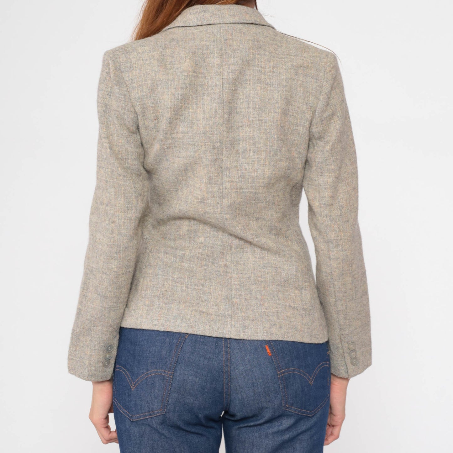 80s Wool Blazer Flecked Grey V-Neck Tailored Jacket Small S