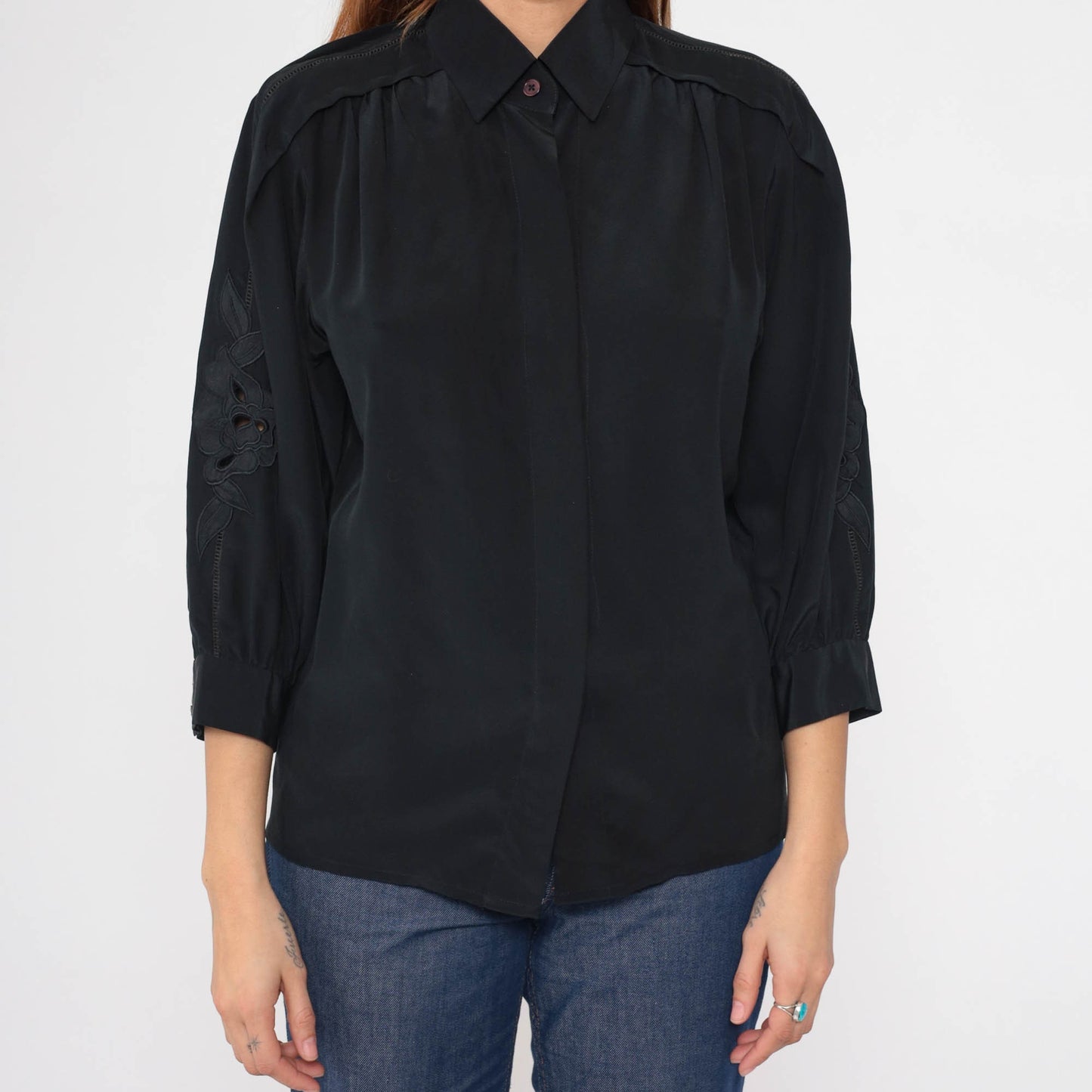 80s Black Floral Embroidered Blouse Cutout 3/4 Sleeve Button-Up Small