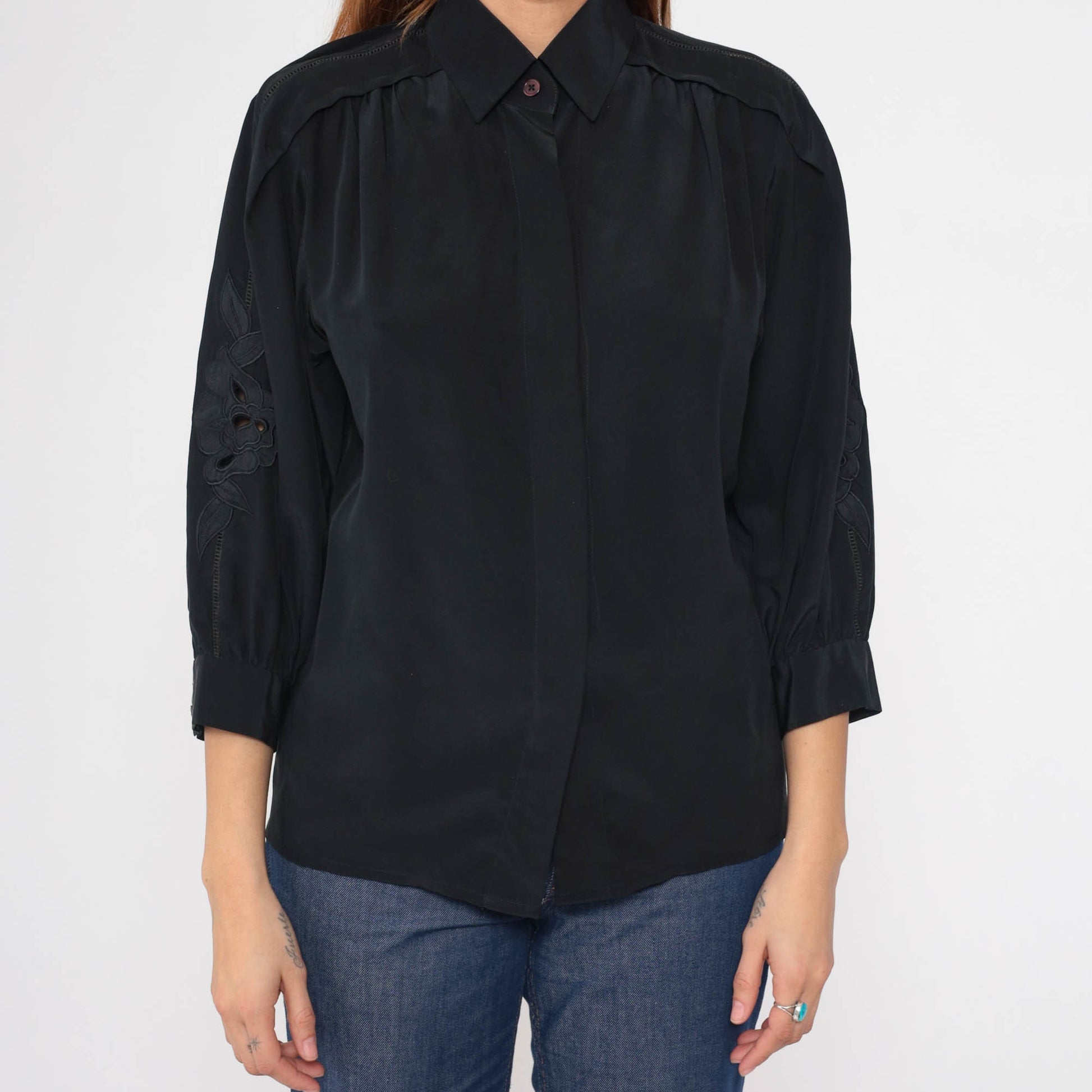 80s Black Floral Embroidered Blouse Cutout 3/4 Sleeve Button-Up Small