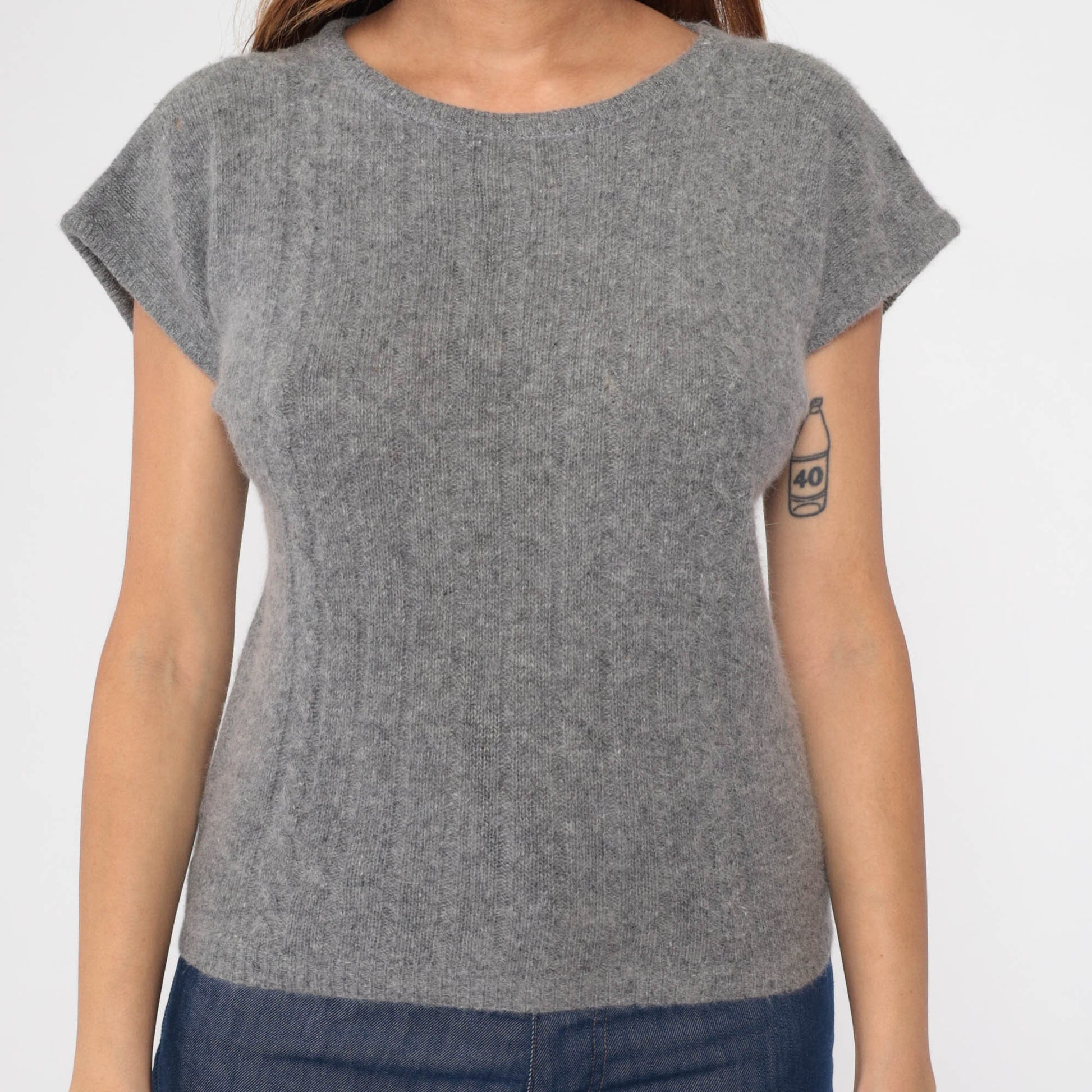 80s Grey Lambswool Angora Cap Sleeve Knit Sweater Top Small S