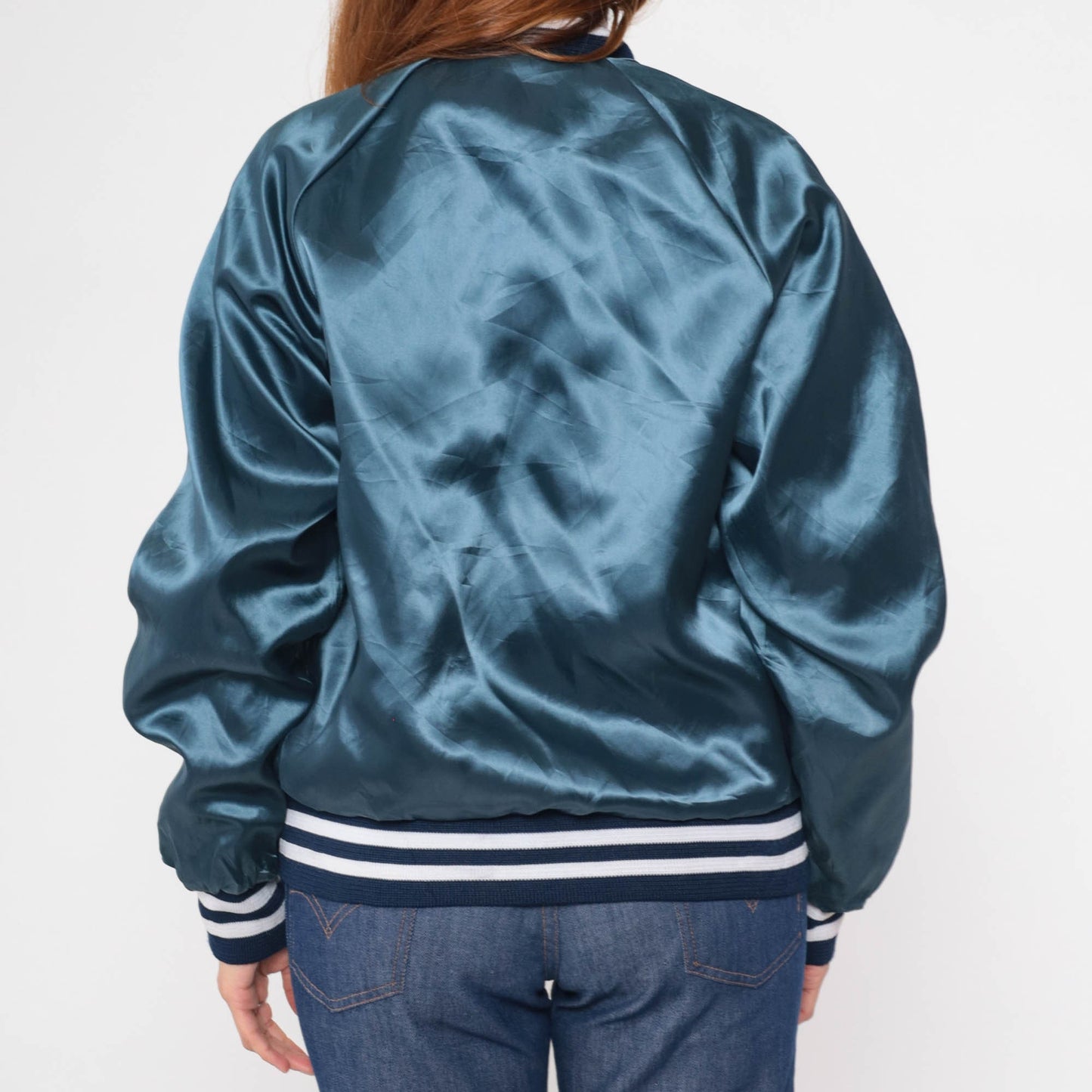 80s Chevron Oil Field Research Satin Bomber Jacket Blue Medium