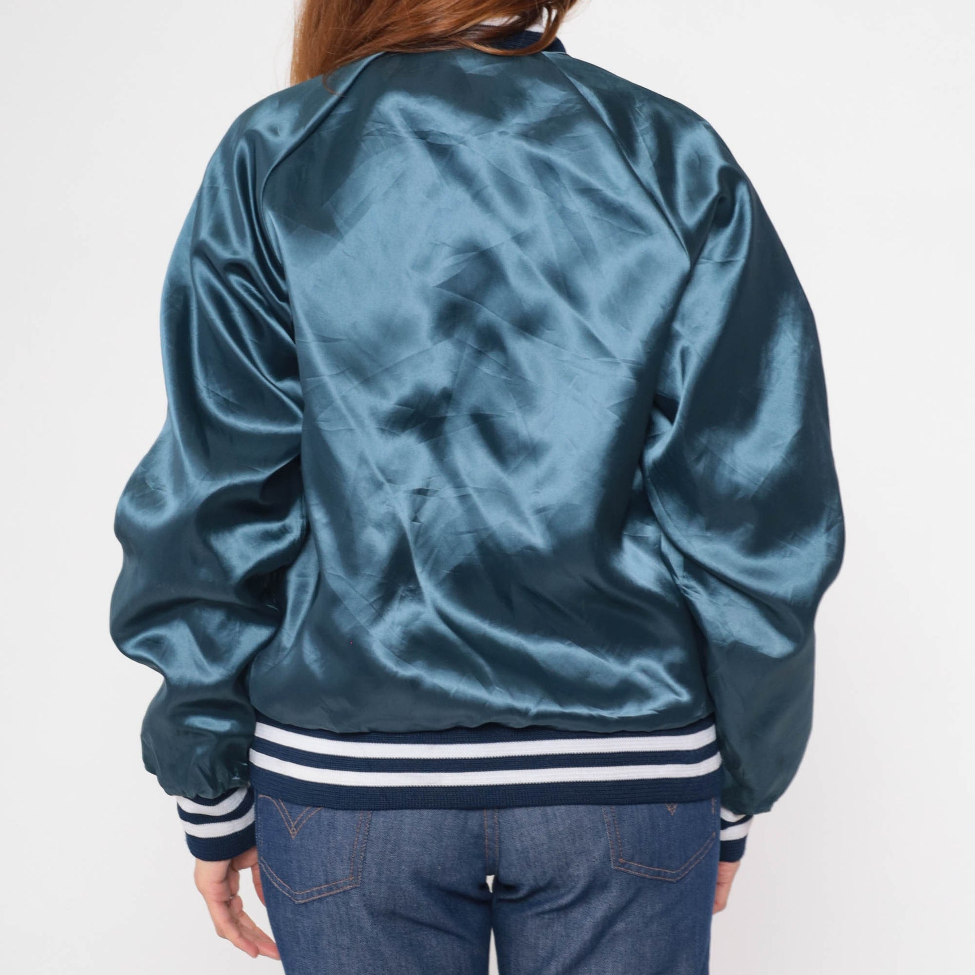 80s Chevron Oil Field Research Satin Bomber Jacket Blue Medium