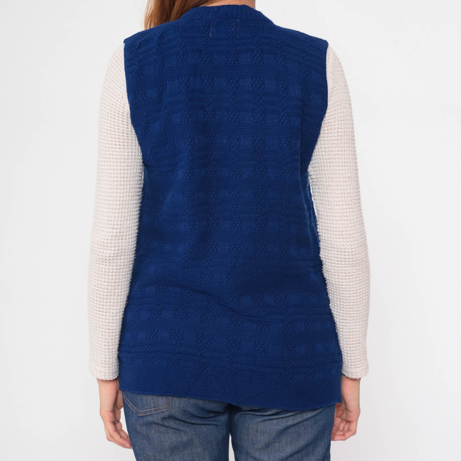 70s Knit Vest Navy Textured Checkered Open Front Sleeveless Top Small
