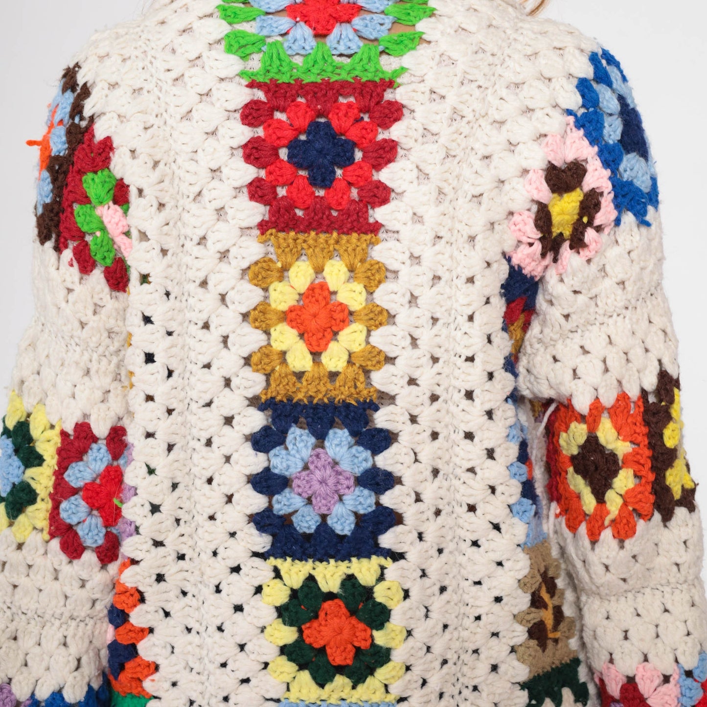 70s Crochet Cardigan Sweater Granny Square Afghan Knit Open Front Off-White Extra Large